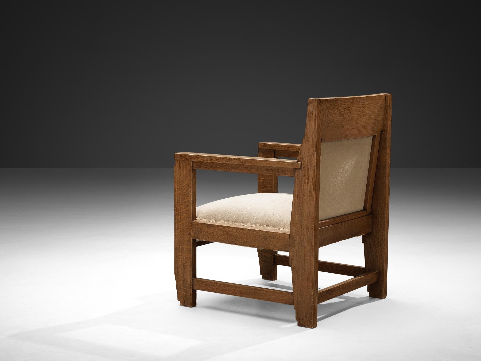 Art déco Paire de chaises longues de l'école Haagse en chêne et tissu beige
