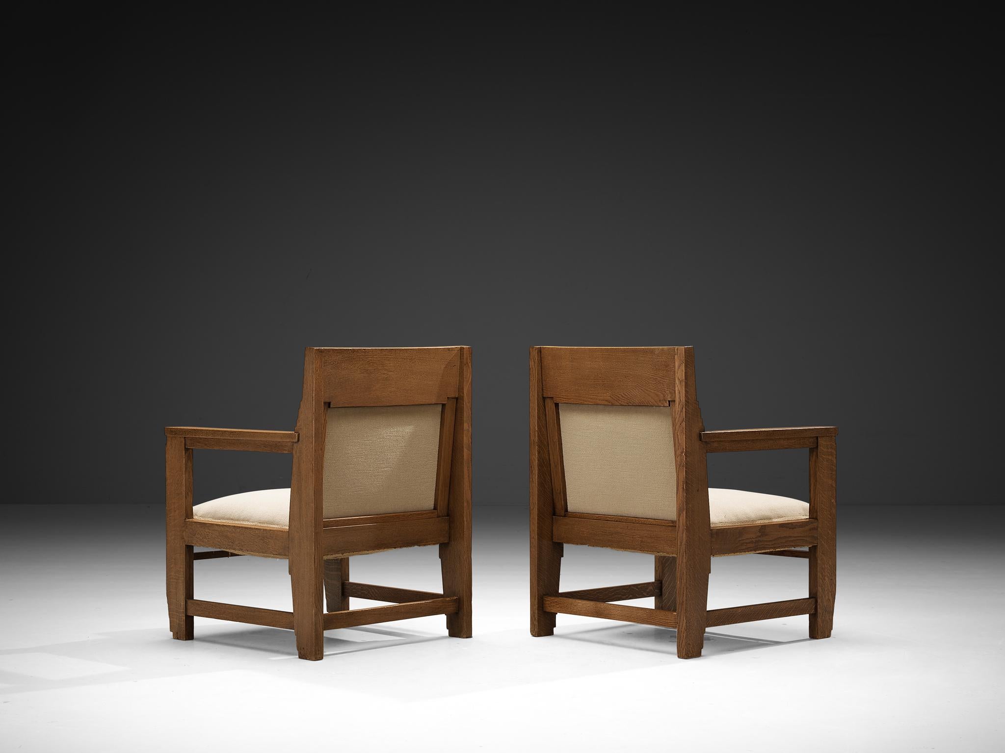 Tissu Paire de chaises longues de l'école Haagse en chêne et tissu beige