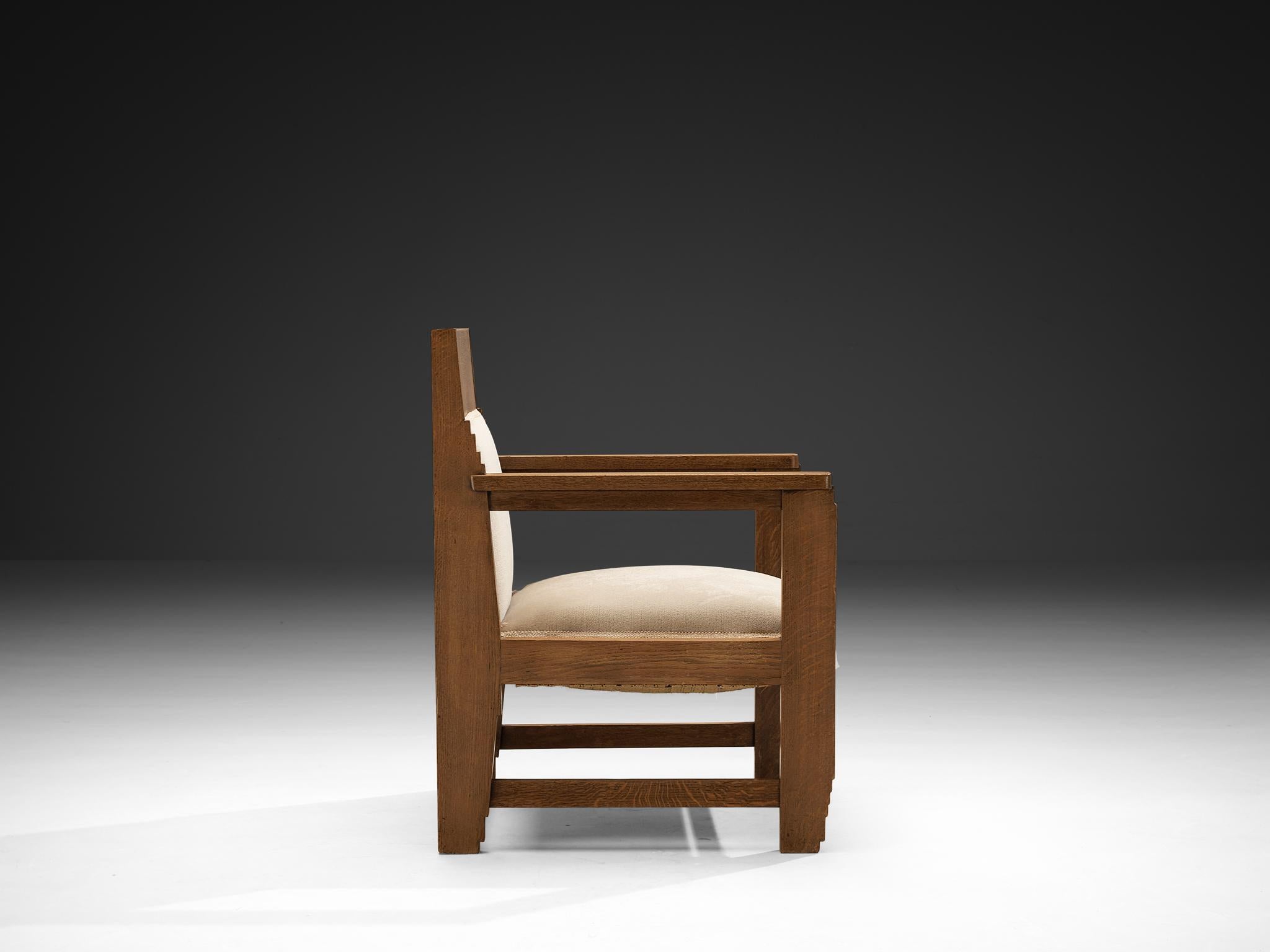 Paire de chaises longues de l'école Haagse en chêne et tissu beige 1