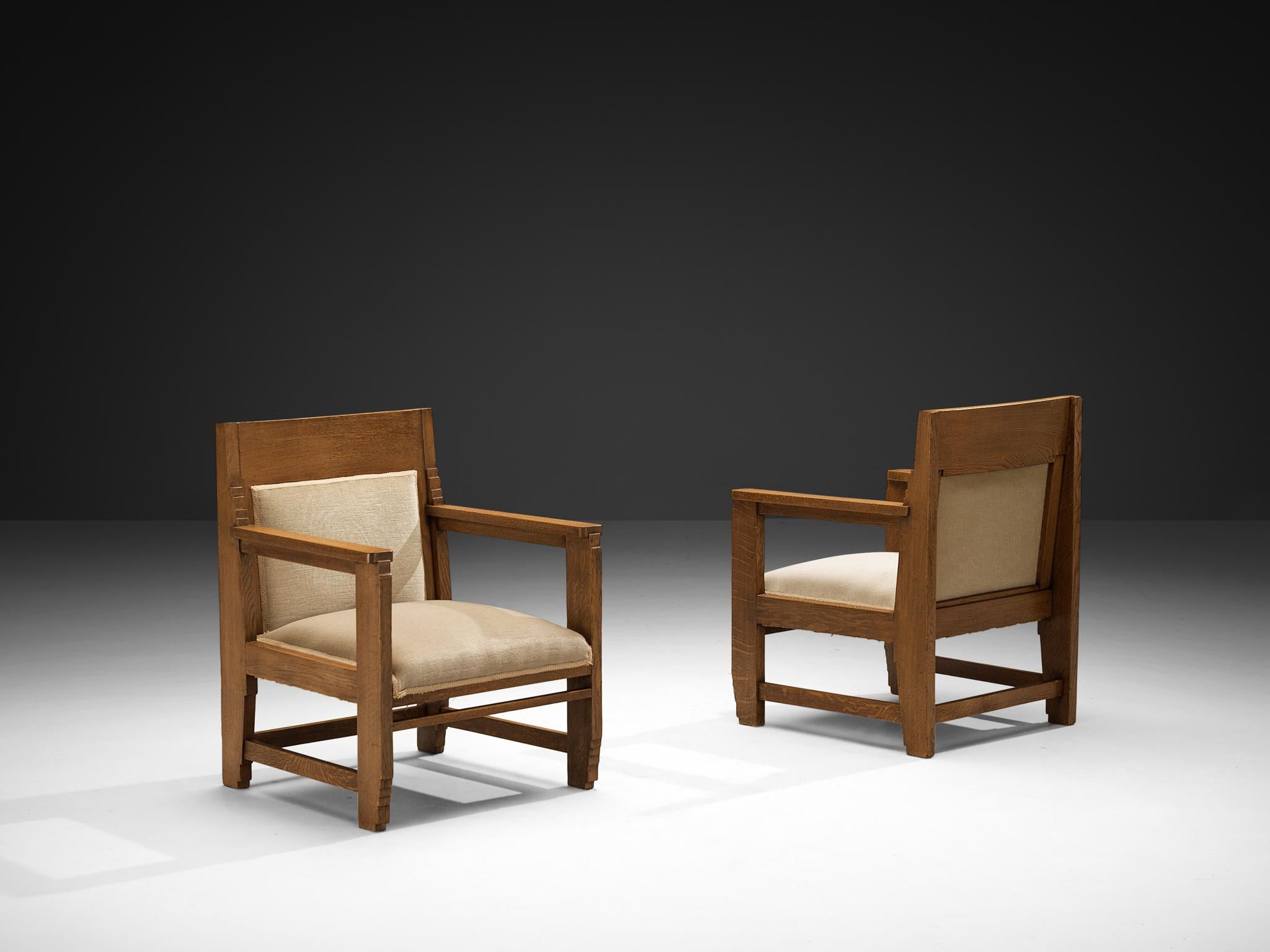 Paire de chaises longues de l'école Haagse en chêne et tissu beige 2
