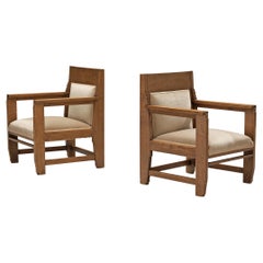 Paire de chaises longues de l'école Haagse en chêne et tissu beige