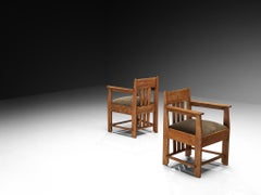 Haagse School Pair of Lounge Chairs in Oak and Green Fabric