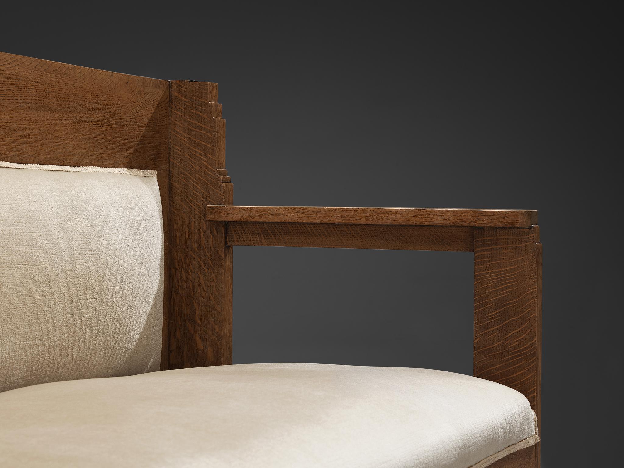 Banc à deux places de l'école Haagse en chêne et tissu beige en vente 4