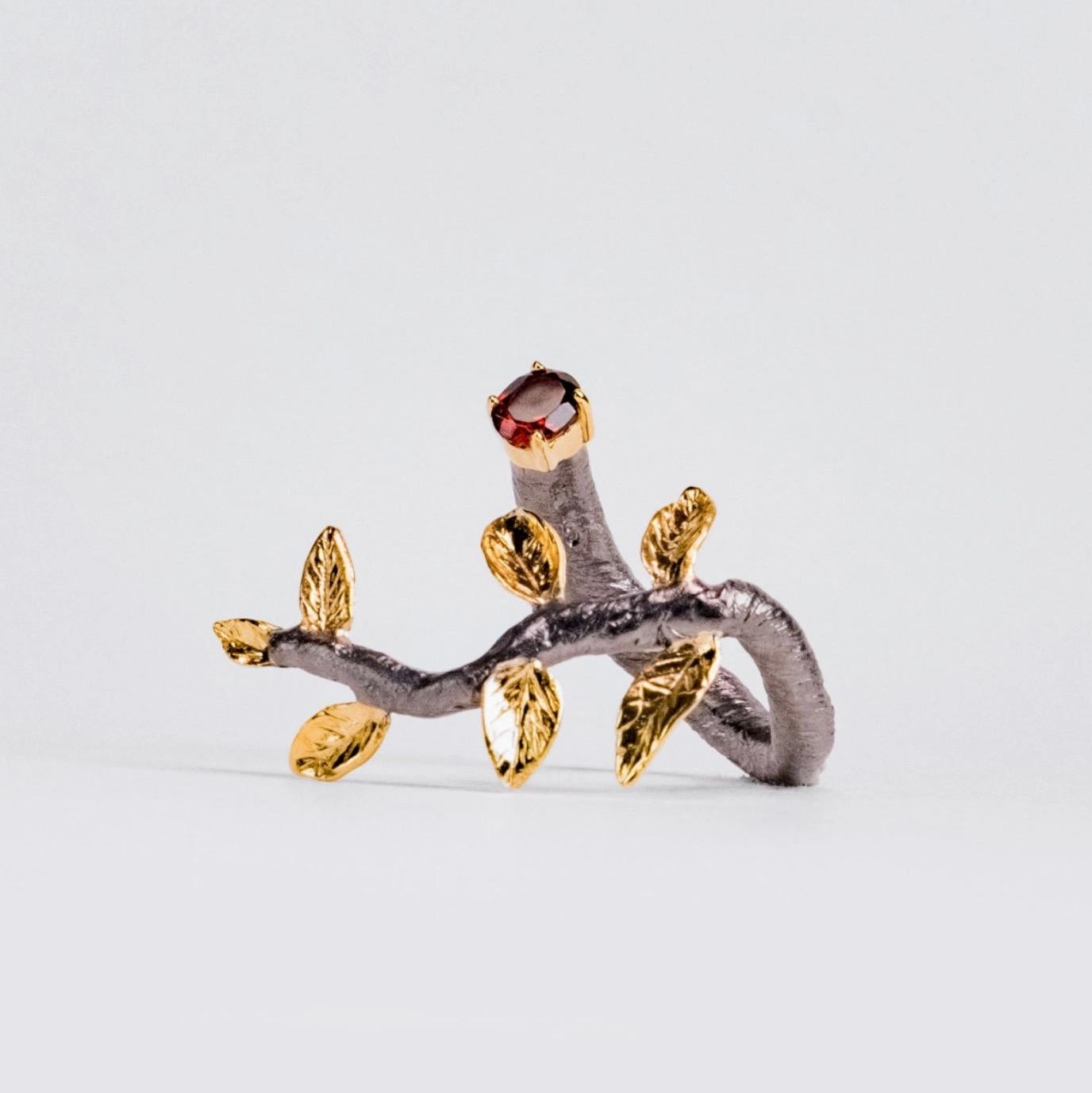 Oval Cut Haara Oval Red Garnet Ring Leaves Leaf Floral Bloom Detail Gold & Silver For Sale
