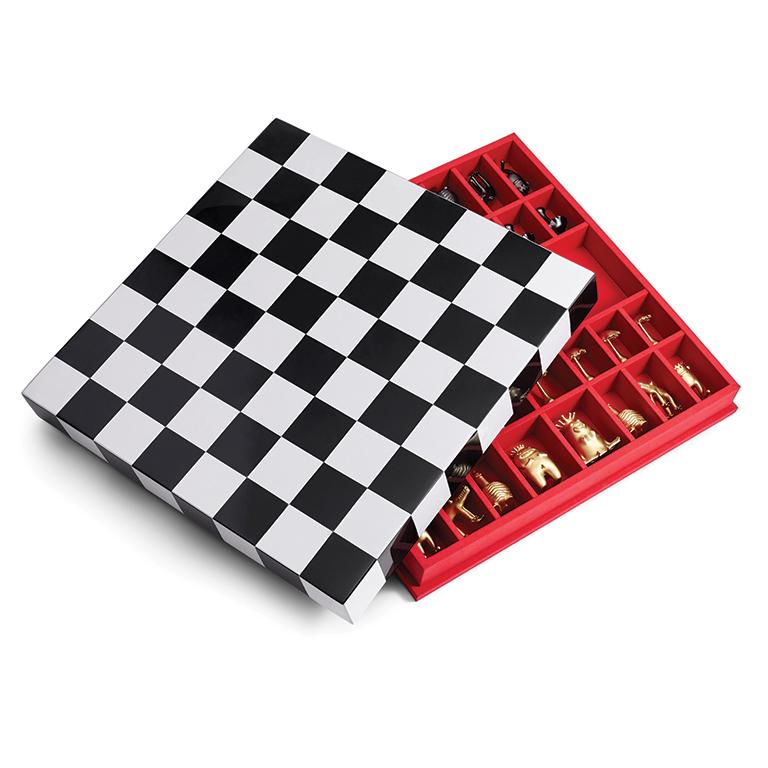 Inspired by rediscovering the joy of being with family and friends, L'OBJET Haas Brothers games facilitate revelry that goes late into the night. Chessboard inlaid with black and white stone, with individually sculpted brass pieces.