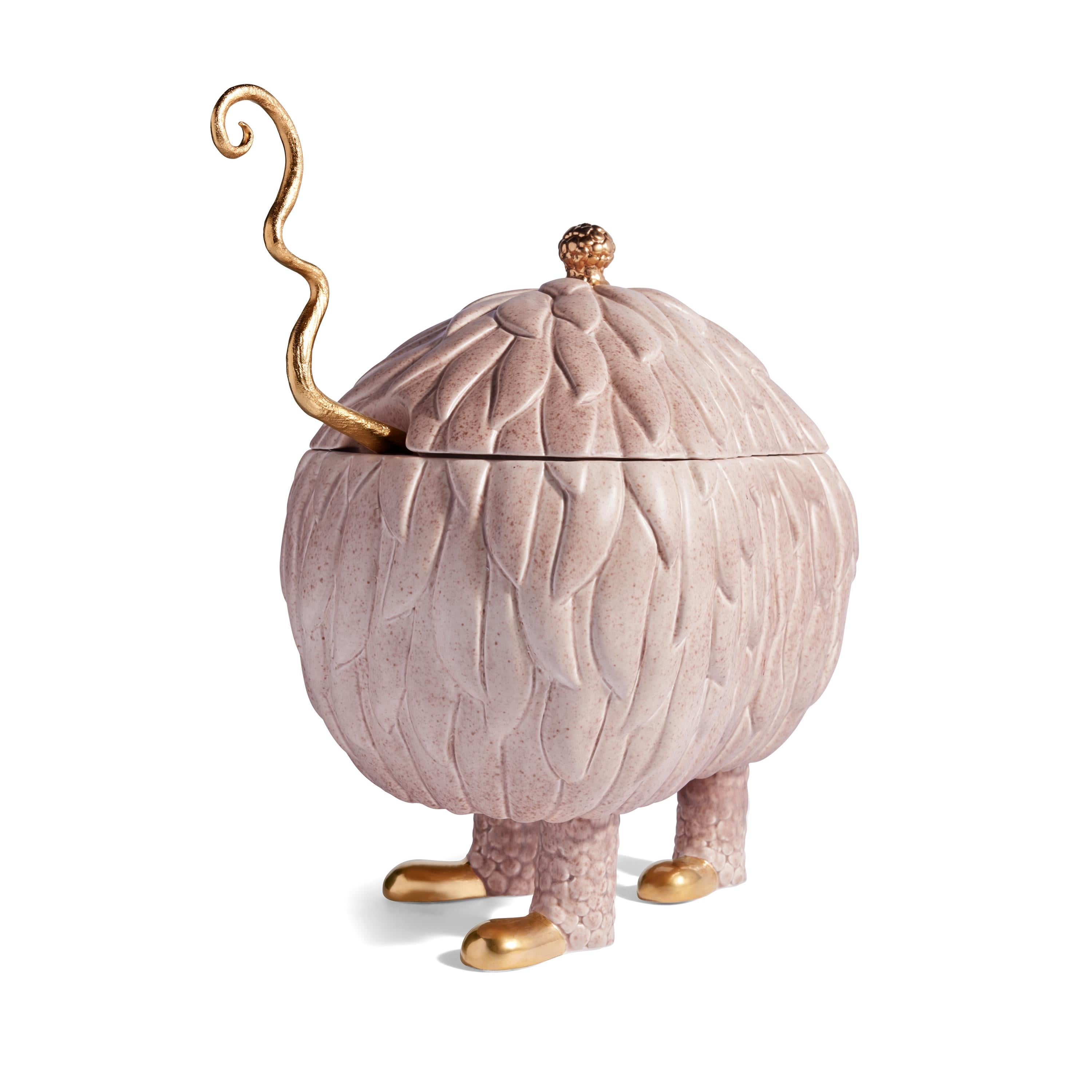 The Haas Soup Tureen creates a fantasy-filled serving ceremony. Generously sized, crafted from earthenware with 24K gold plated serveware. The organic forms of the Soup Monster and complementary Salad Monster intimately nest against one another, as