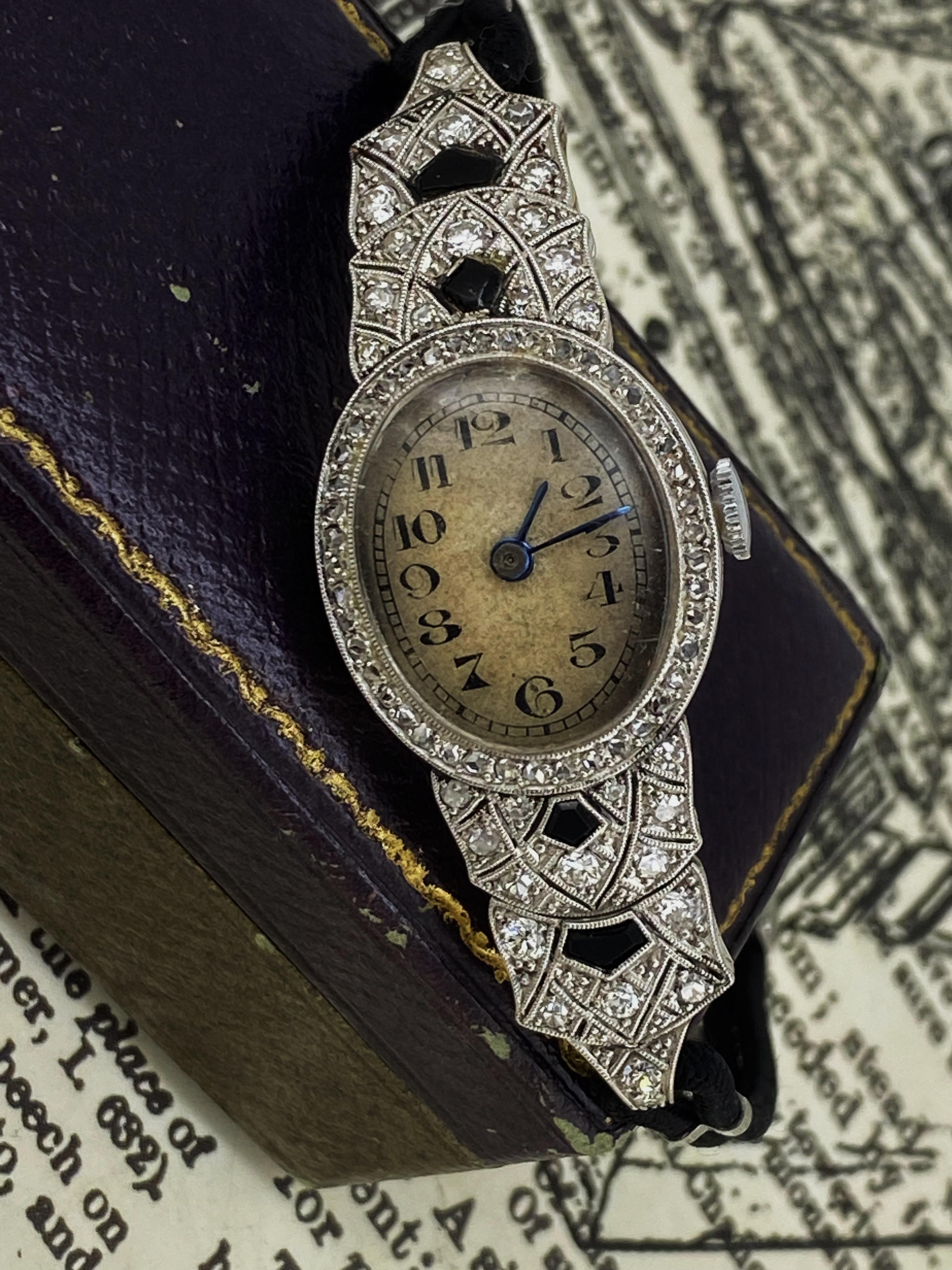 Art Deco Haas Neveux & Co Art-Deco 18K White Gold, Diamond, Onyx Swiss Ladies Dress Watch For Sale