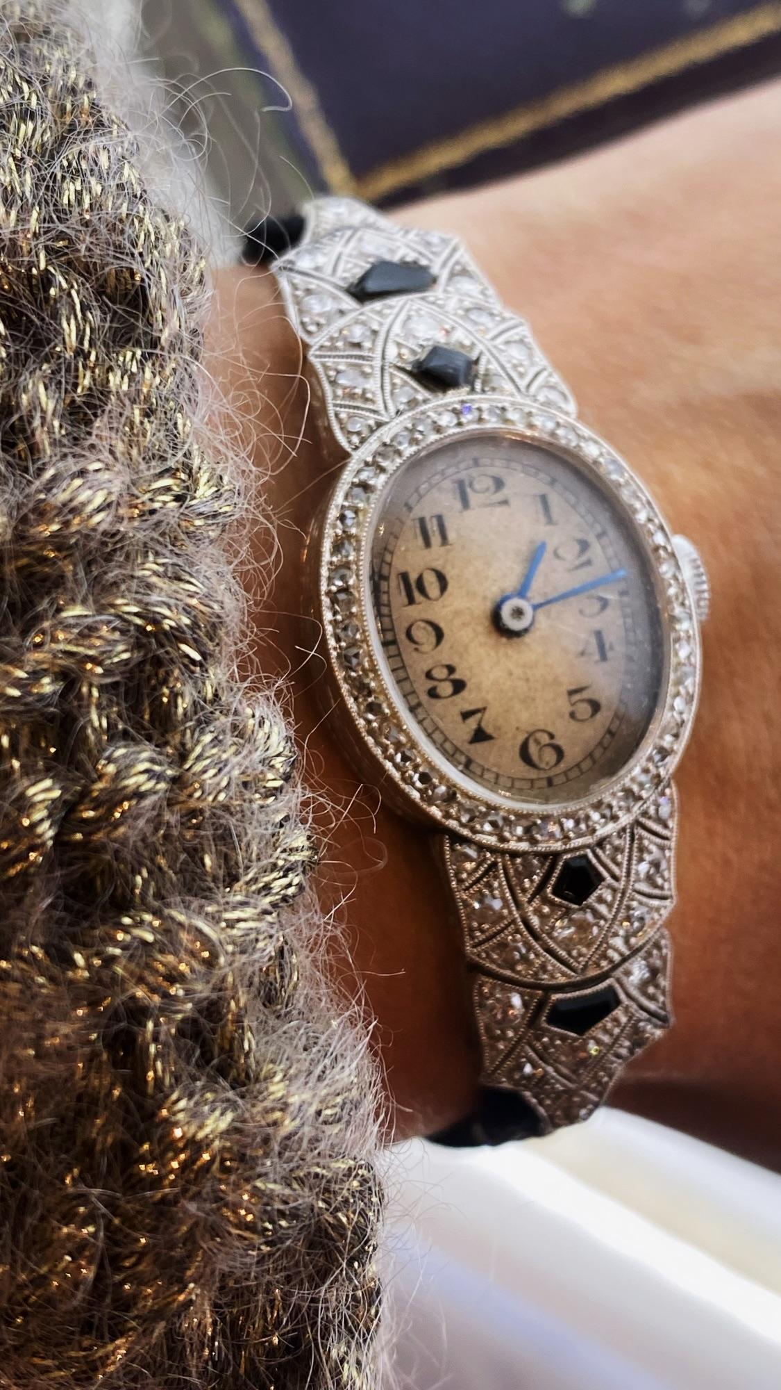Round Cut Haas Neveux & Co Art-Deco 18K White Gold, Diamond, Onyx Swiss Ladies Dress Watch For Sale
