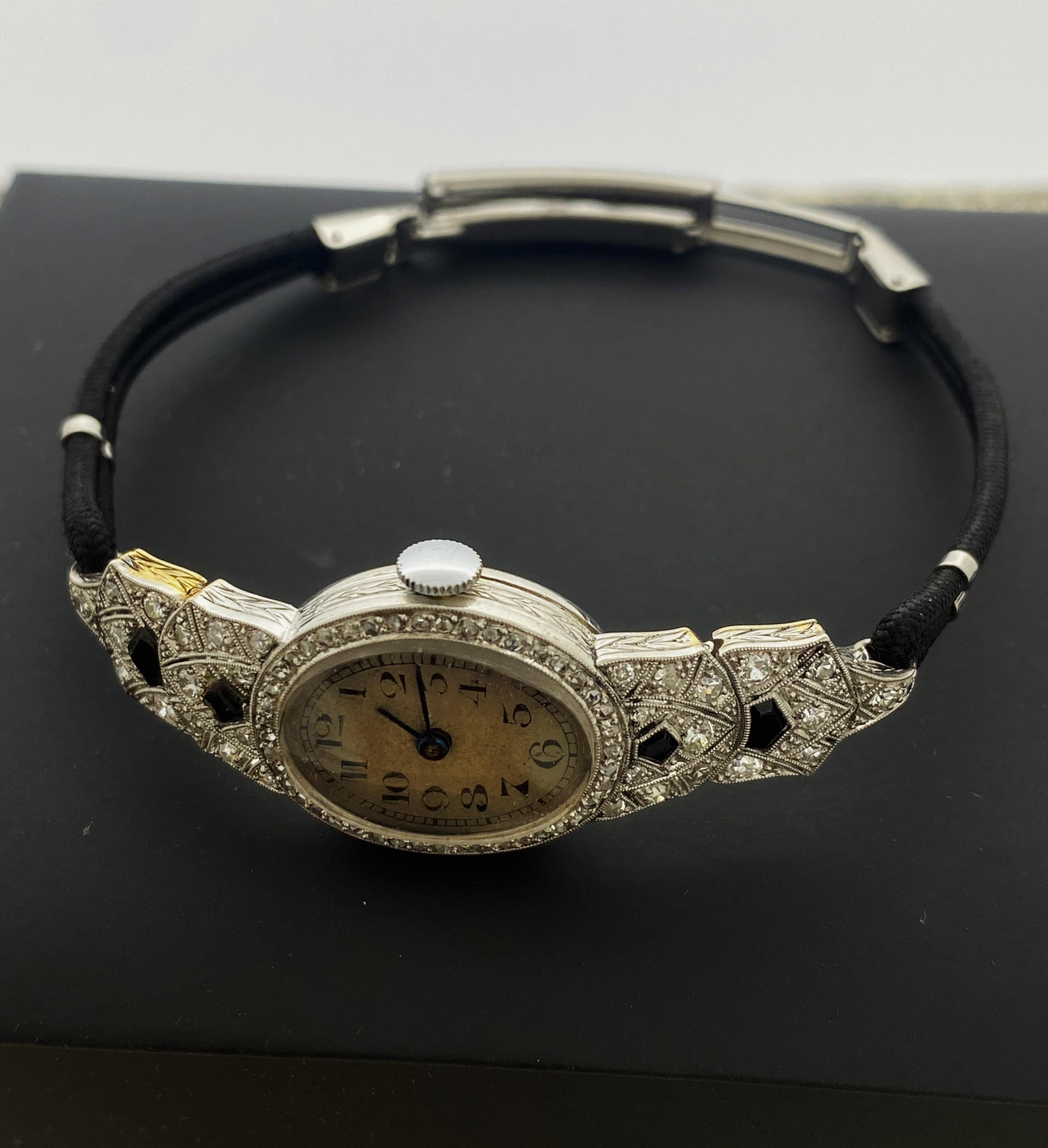 Women's Haas Neveux & Co Art-Deco 18K White Gold, Diamond, Onyx Swiss Ladies Dress Watch For Sale