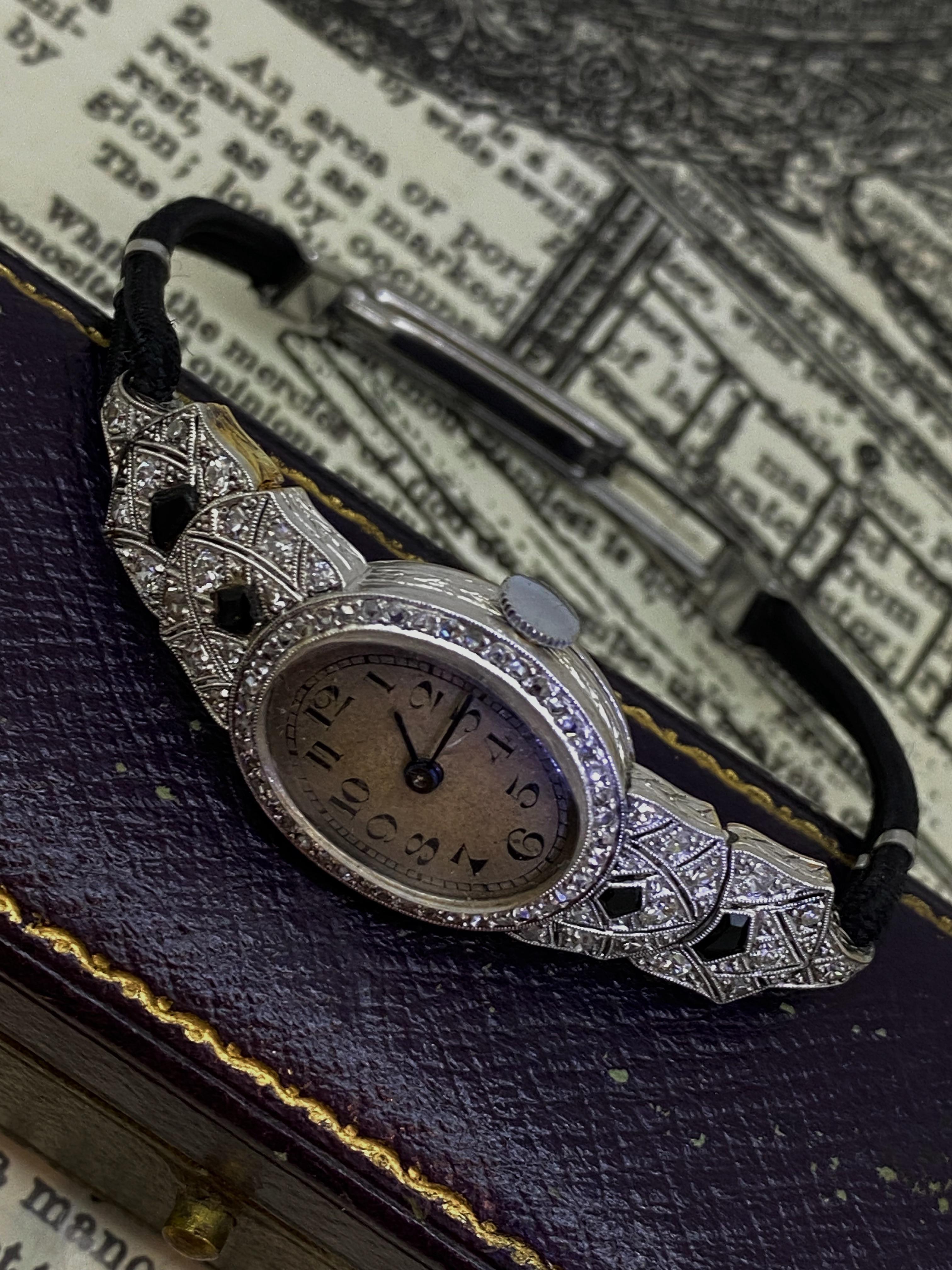 Haas Neveux & Co Art-Deco 18K White Gold, Diamond, Onyx Swiss Ladies Dress Watch For Sale 2