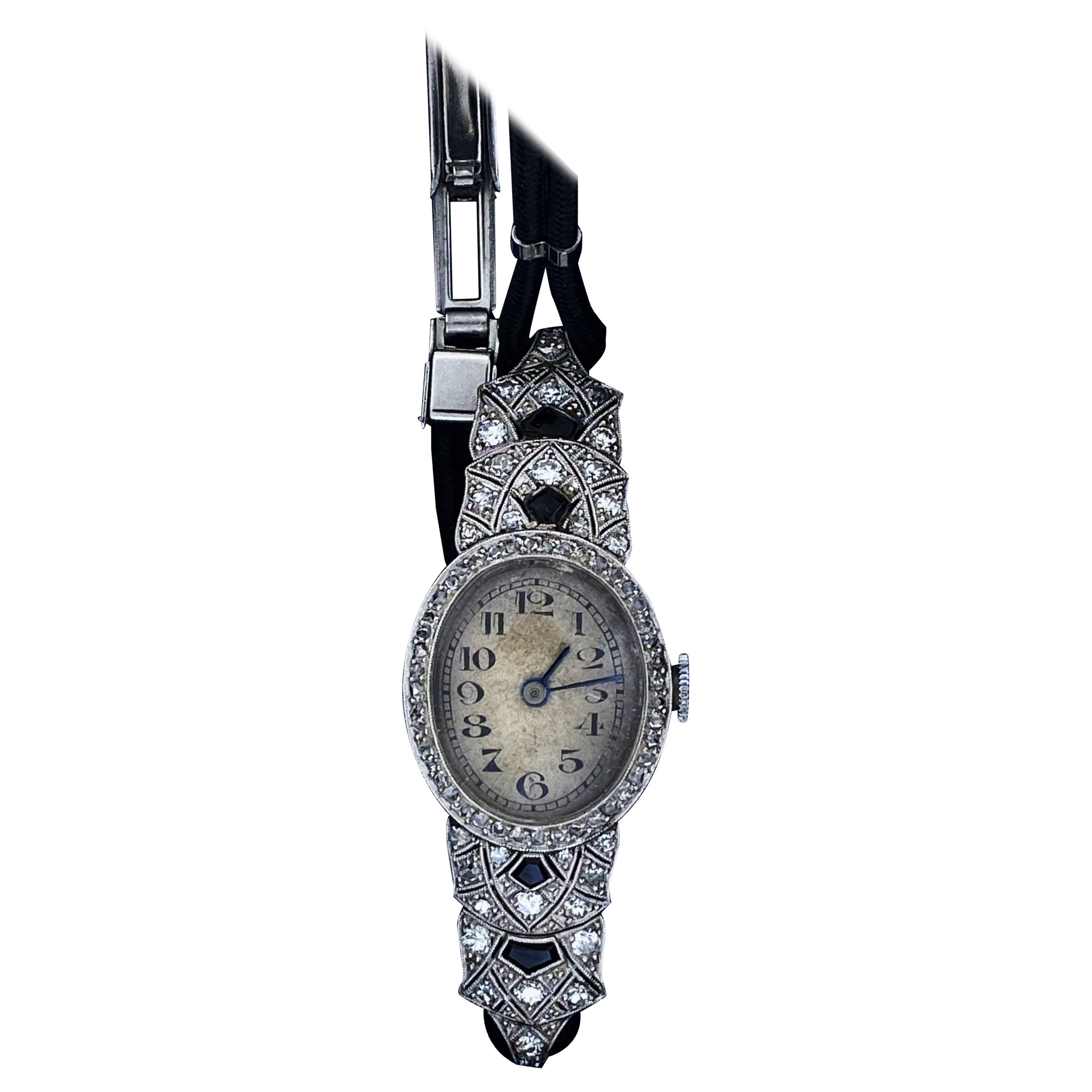 Haas Neveux & Co Art-Deco 18K White Gold, Diamond, Onyx Swiss Ladies Dress Watch