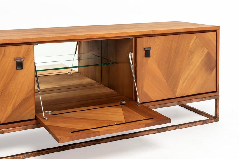 New Zealand Haast Modern Ancient River Wood Credenza Aged Copper Base and Leather Handles For Sale