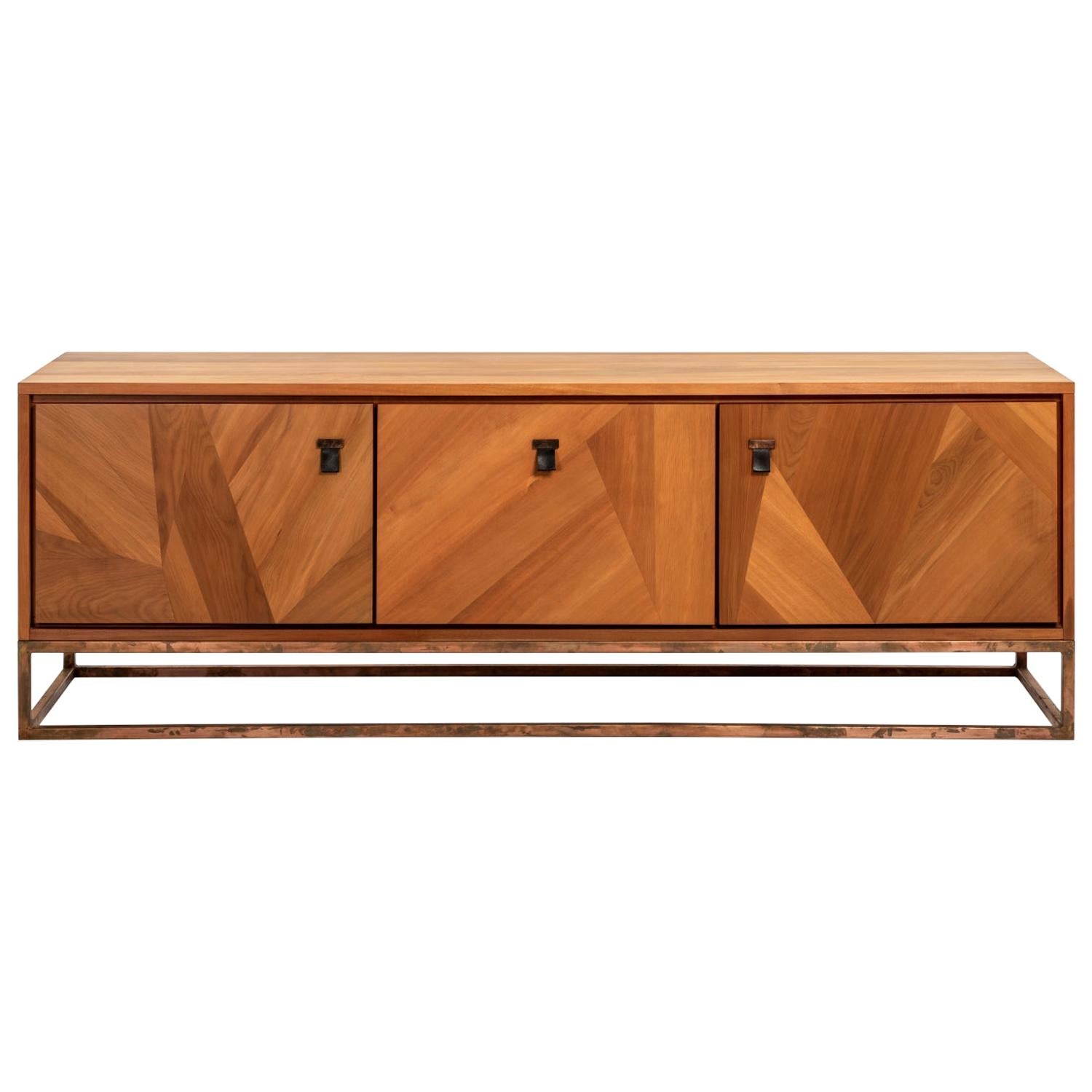 Haast Modern Ancient River Wood Credenza Aged Copper Base and Leather Handles