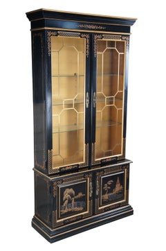 Habersham Chinese Chippendale Black Lacquered China Curio Cabinet Cupboard 80"