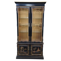 Habersham Chinese Chippendale Black Lacquered China Curio Cabinet Cupboard 80"