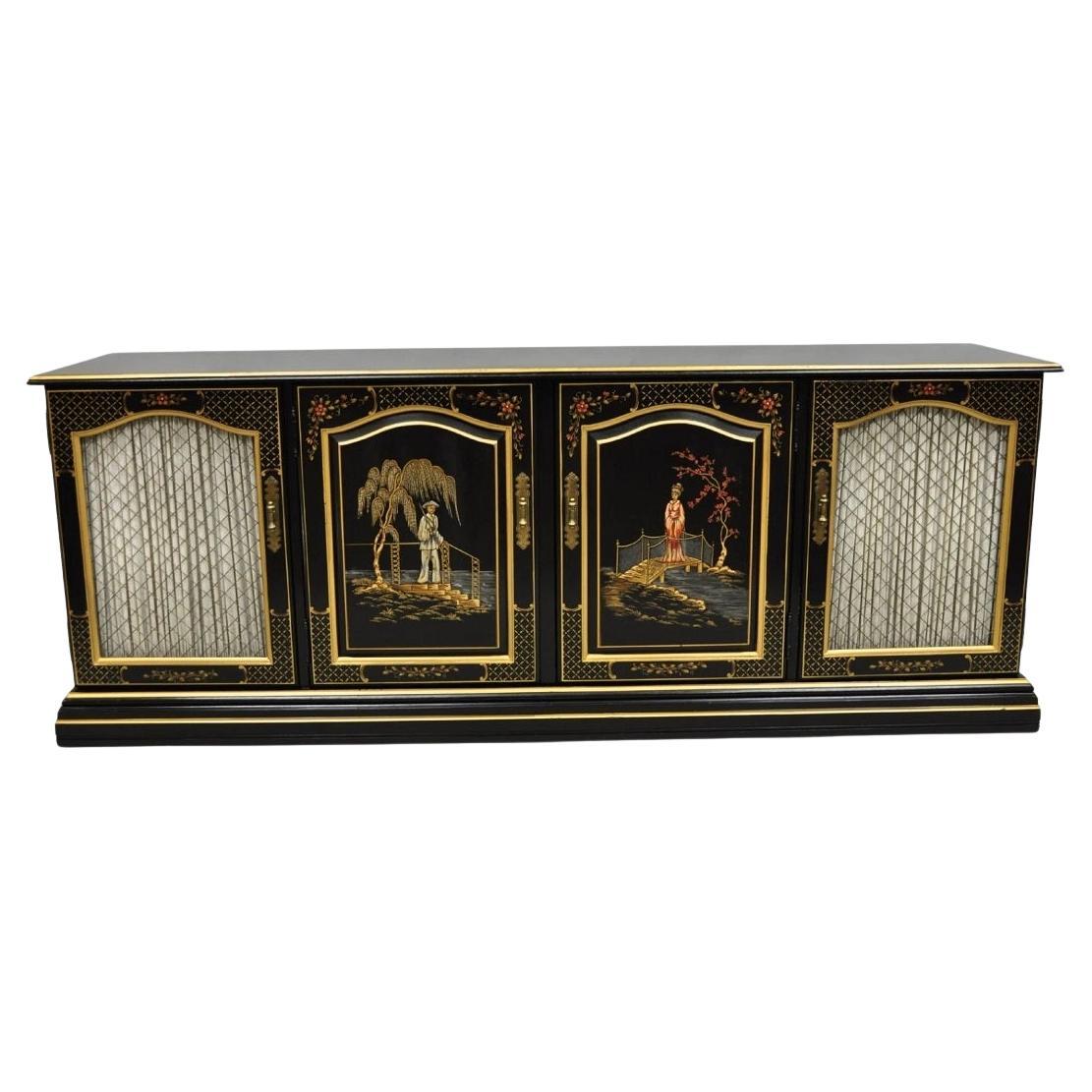 Habersham Chinoiserie Black Lacquer Credenza Buffet Media Entertainment Cabinet For Sale