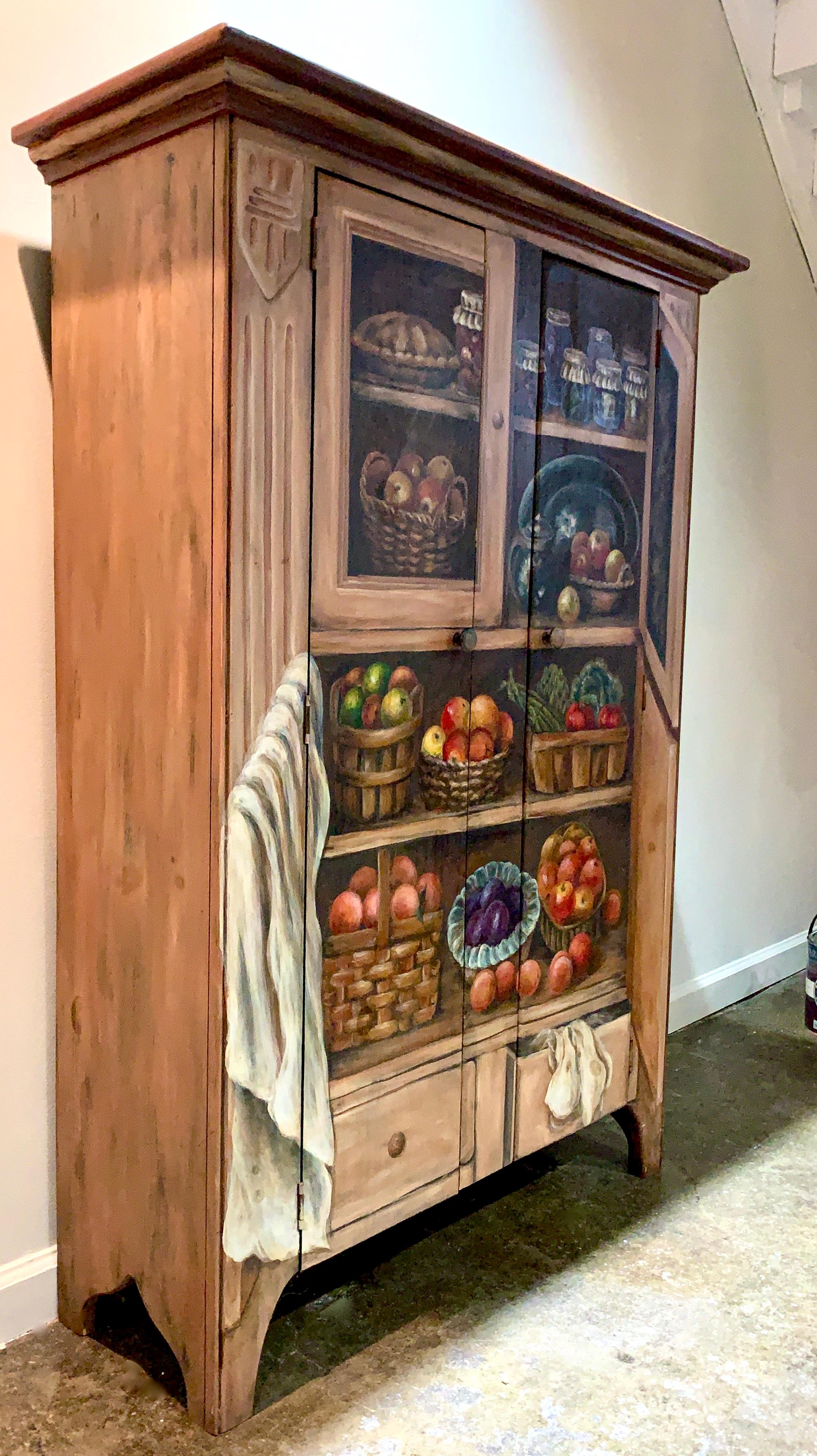 Habersham hand painted Trompe l'Oeil fruits and vegetables oak cabinet cupboard. One-of-a-kind, signed and dated by the master artisan. MSRP for custom pieces such as this from Habersham hover around the 10-12,000 USD region. 

Habersham was founded