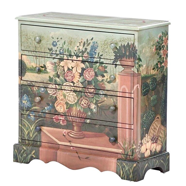 Habersham Plantation hand painted Trompe L'oeil Provincial chest of drawers, Dresser. 
Habersham was founded by Joyce Eddy in the small Georgia town of Clarkesville. In 1969, she took a job operating a small antique shop located above an old