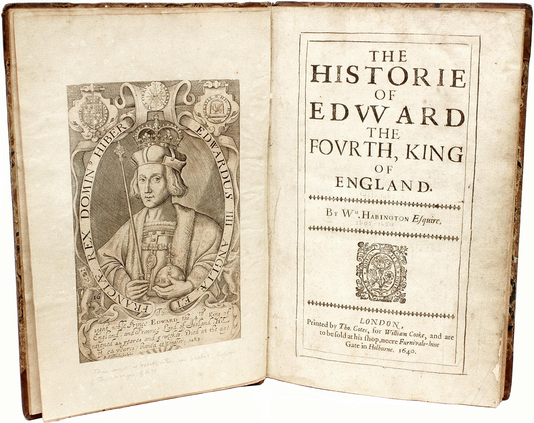 HABINGTON, William. La Historia de Eduardo IV - PRIMERA EDICIÓN - 1640 en Excelente estado para la venta en Hillsborough, NJ
