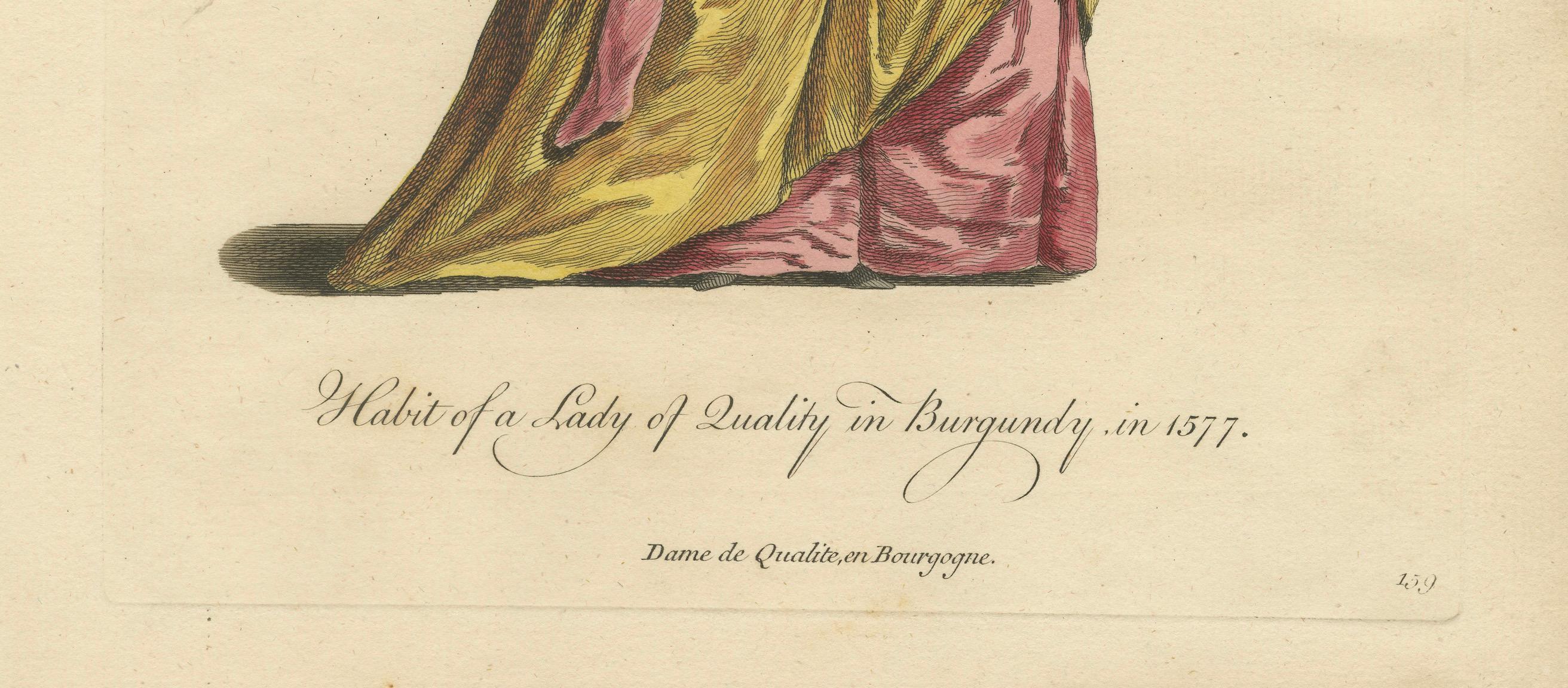 Engraved Habit of a Lady of Quality in Burgundy in 1577, Published in 1757 For Sale