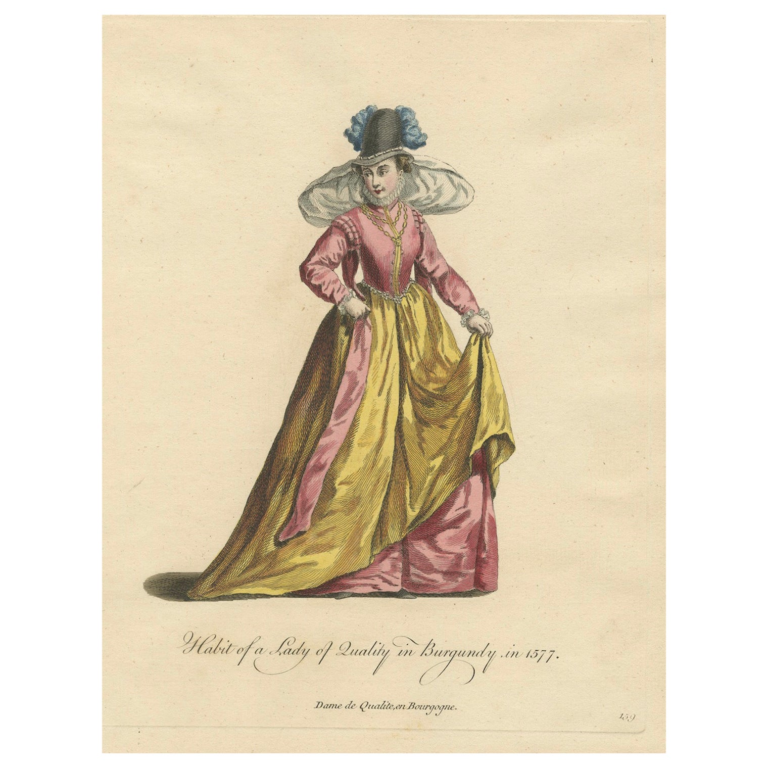 Habit of a Lady of Quality en Bourgogne en 1577, publié en 1757 en vente
