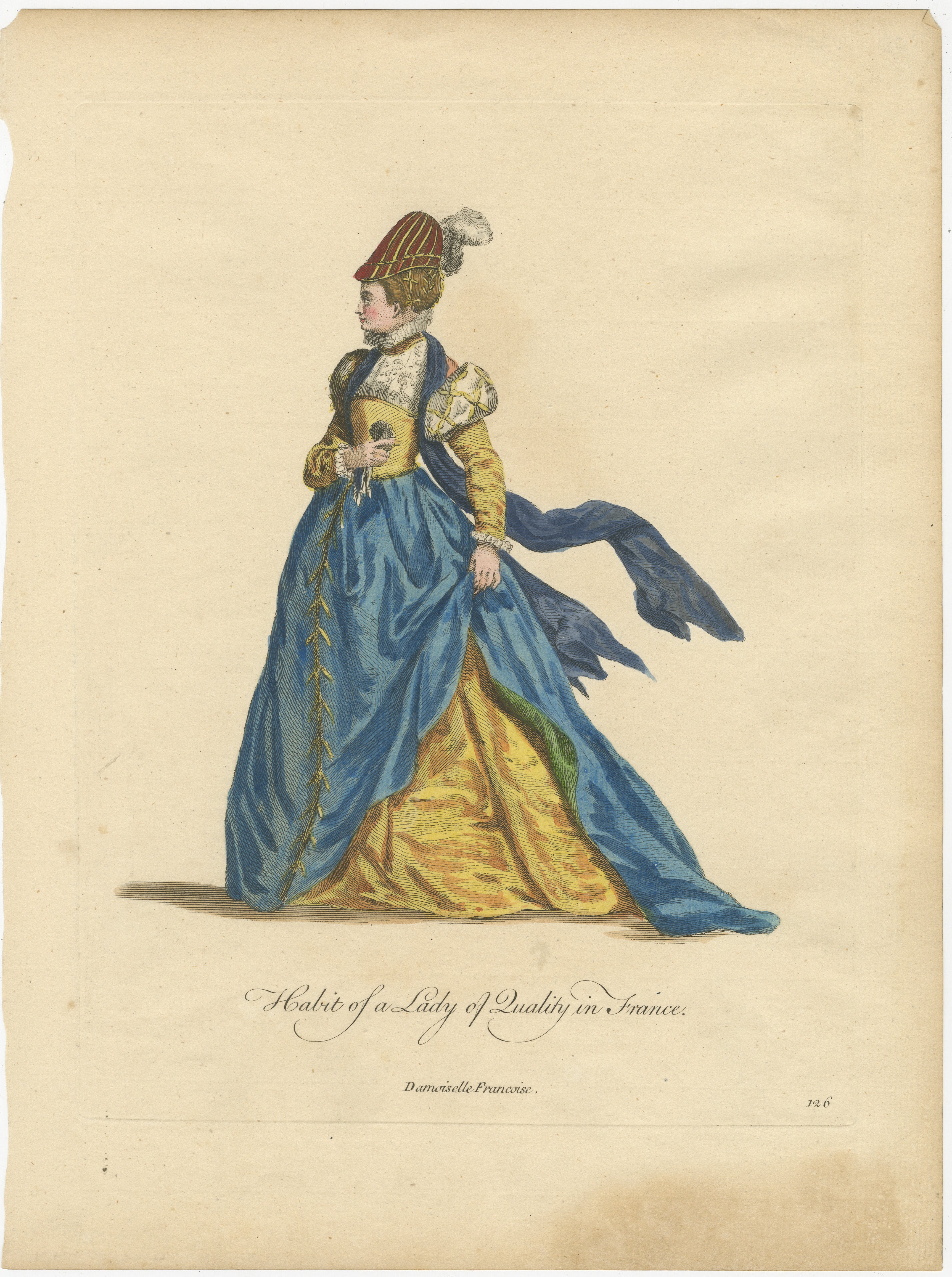 An original antique hand-colored print of a woman in an elaborate dress, which is described as the 