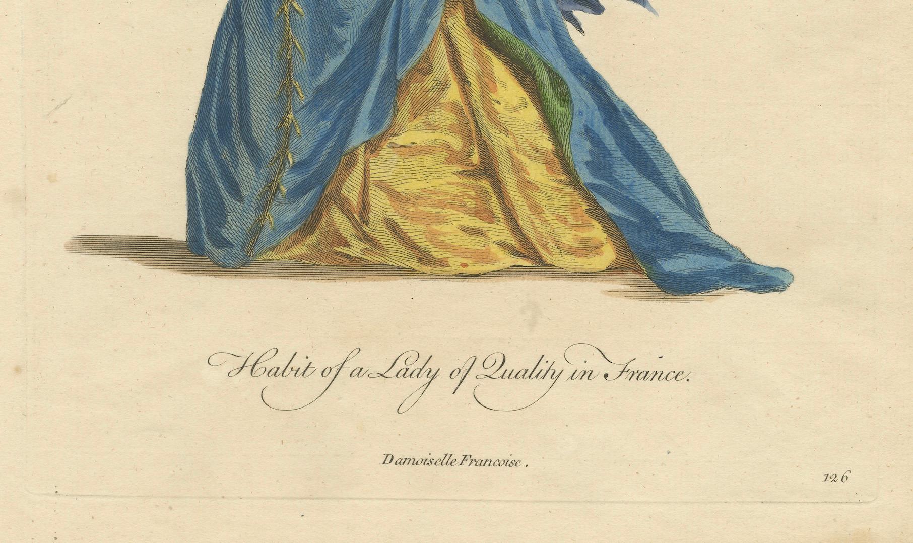 Engraved Habit of a Lady of Quality in France in a Hand-Colored Engraving, 1757 For Sale