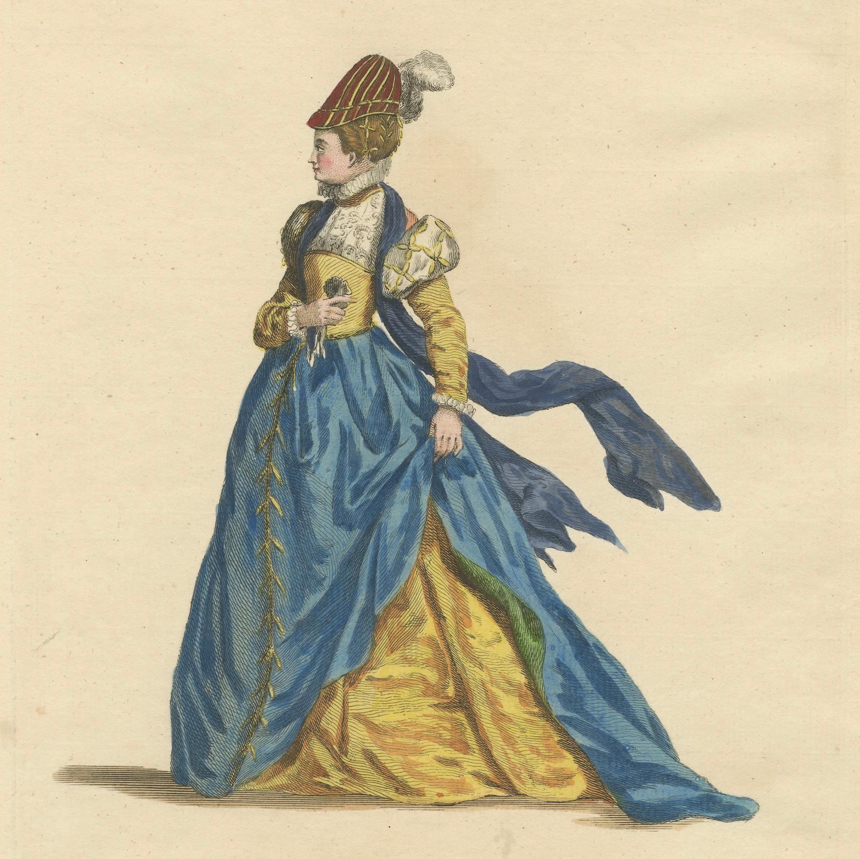 Habit of a Lady of Quality in France in a Hand-Colored Engraving, 1757 In Good Condition For Sale In Langweer, NL