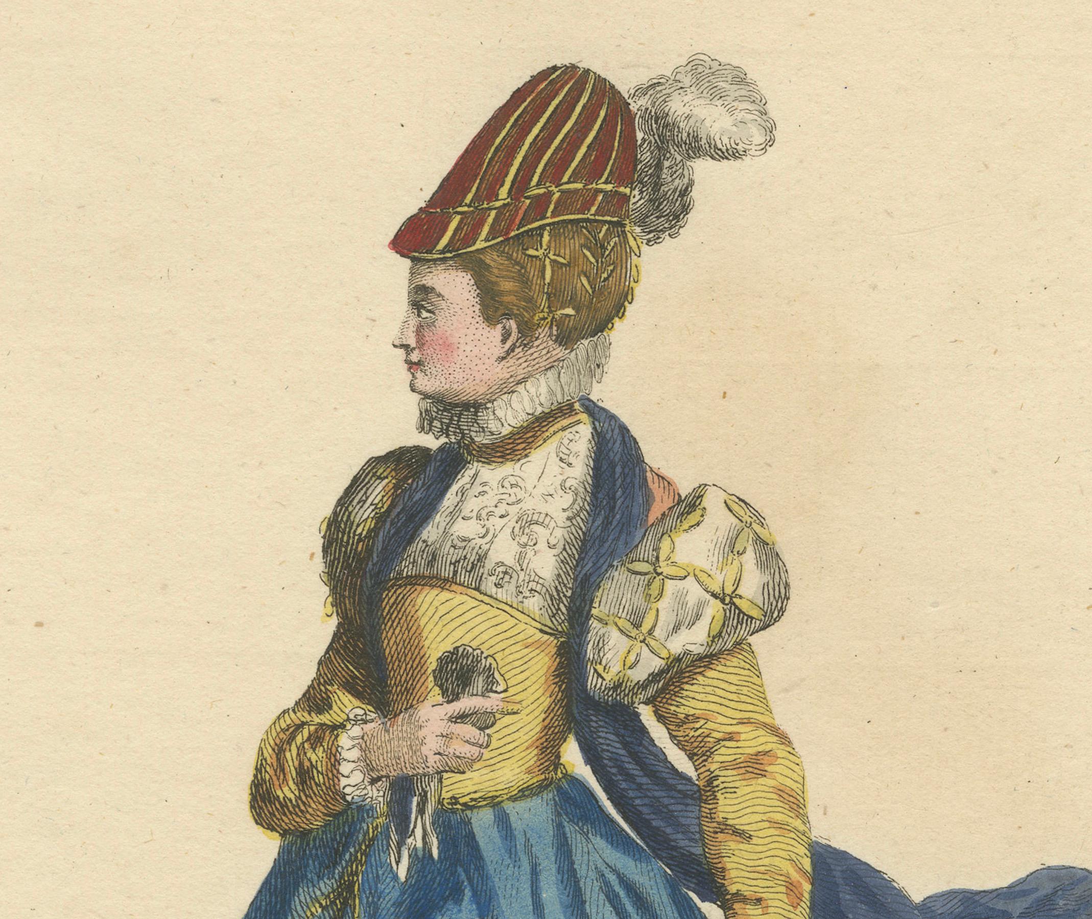 Mid-18th Century Habit of a Lady of Quality in France in a Hand-Colored Engraving, 1757 For Sale