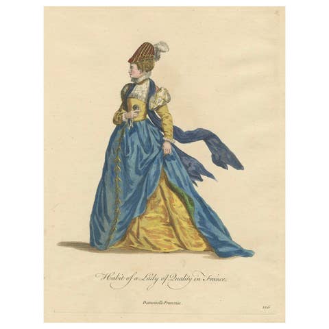 Habit of a Lady of Quality in France in a Hand-Colored Engraving, 1757