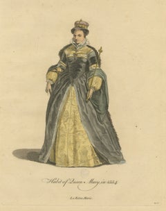 Habit of Queen Mary in 1554, Hand Colored Jefferys Costume Plate, 1757