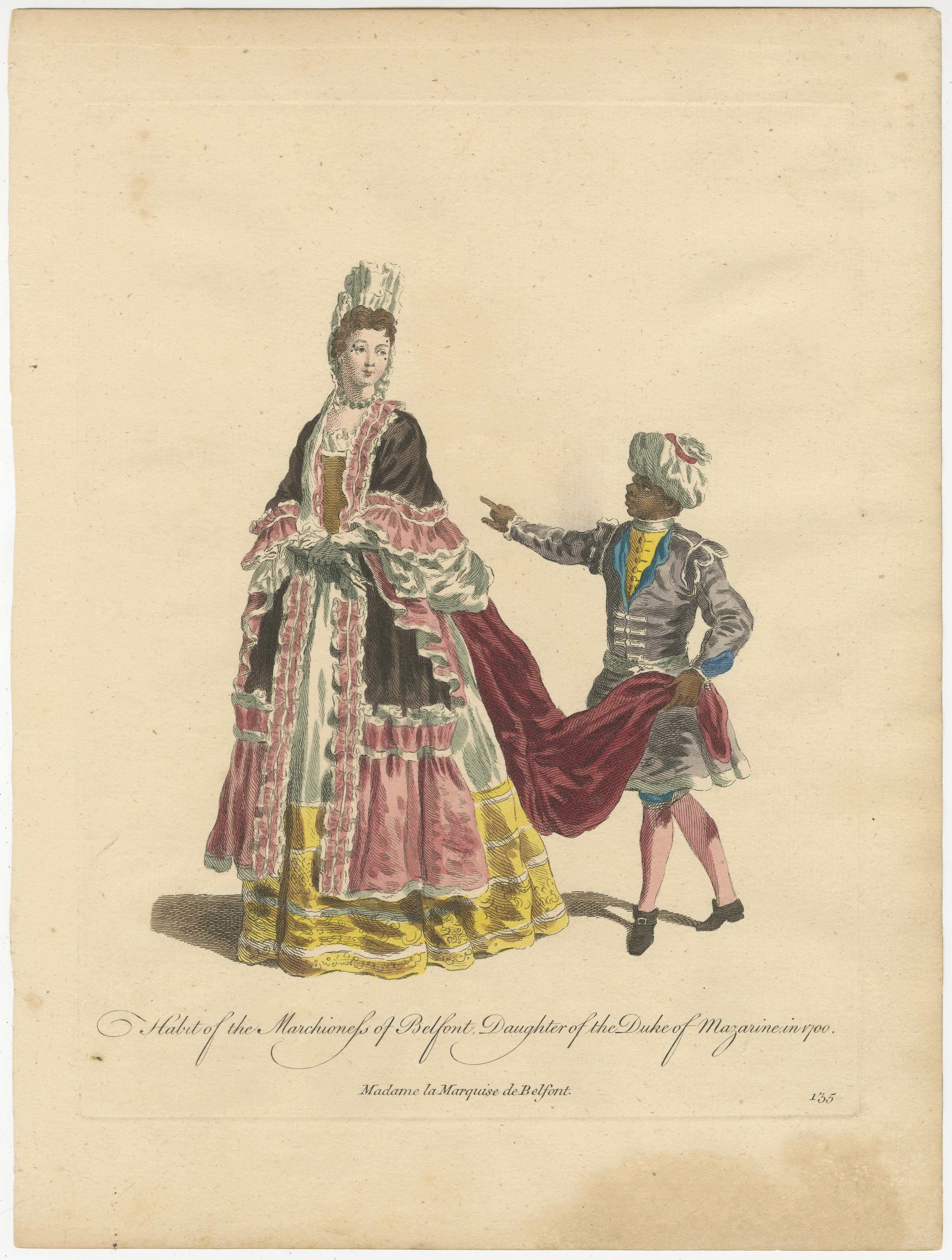 This original engraving depicts a woman and a young black boy from the 18th century, and was published between the years 1757 and 1772, likely in 1757. 

The woman is identified as the Marchioness of Belfont, daughter of the Duke of Mazarine, in the
