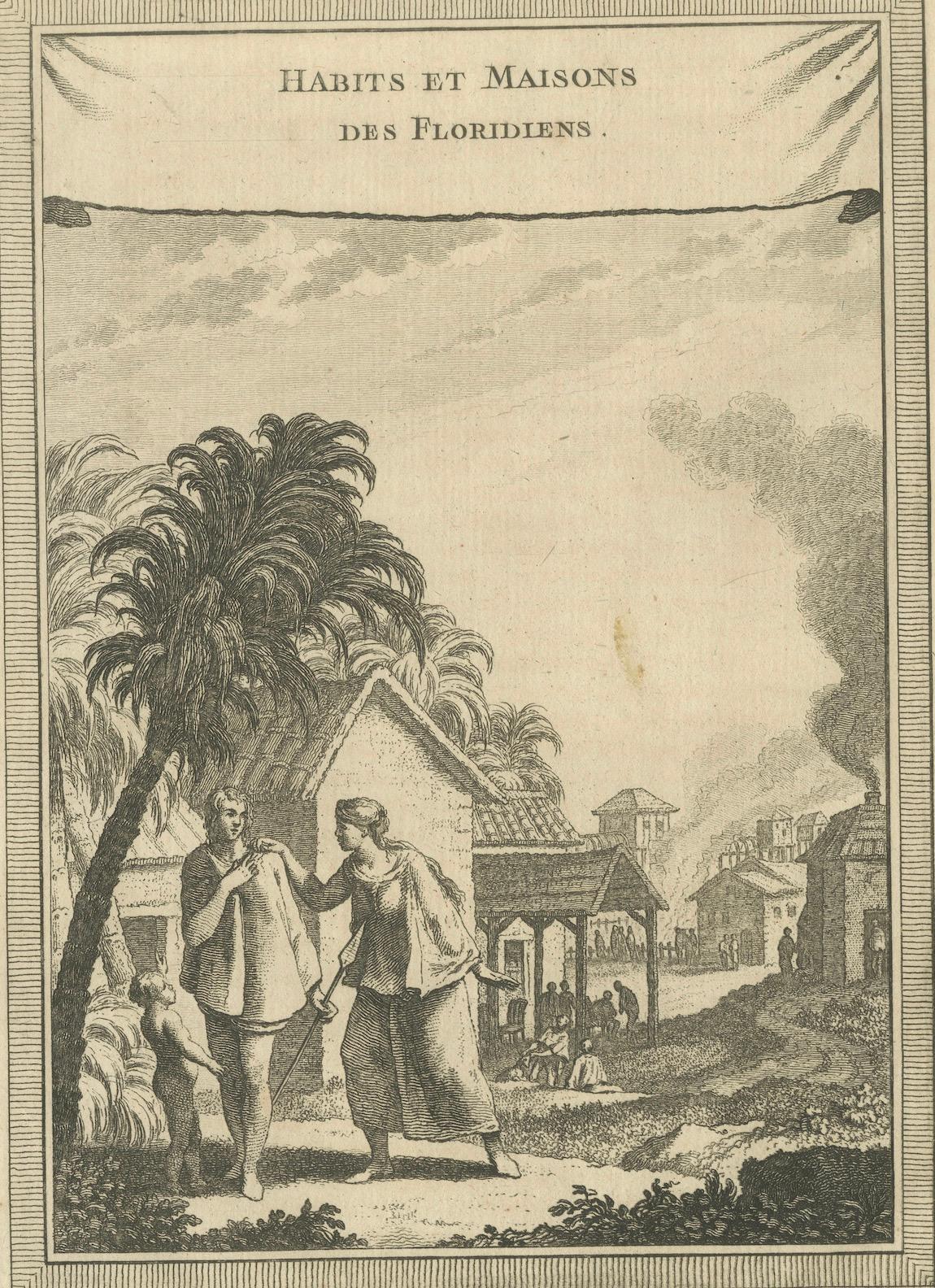 Habits et Maisons des Floridiens, Early Florida Ethnography – Engraving, c.1857