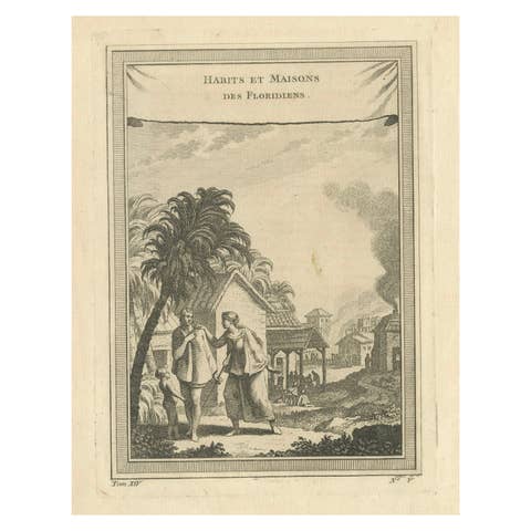 Habits et Maisons des Floridiens, Early Florida Ethnography – Engraving, c.1857