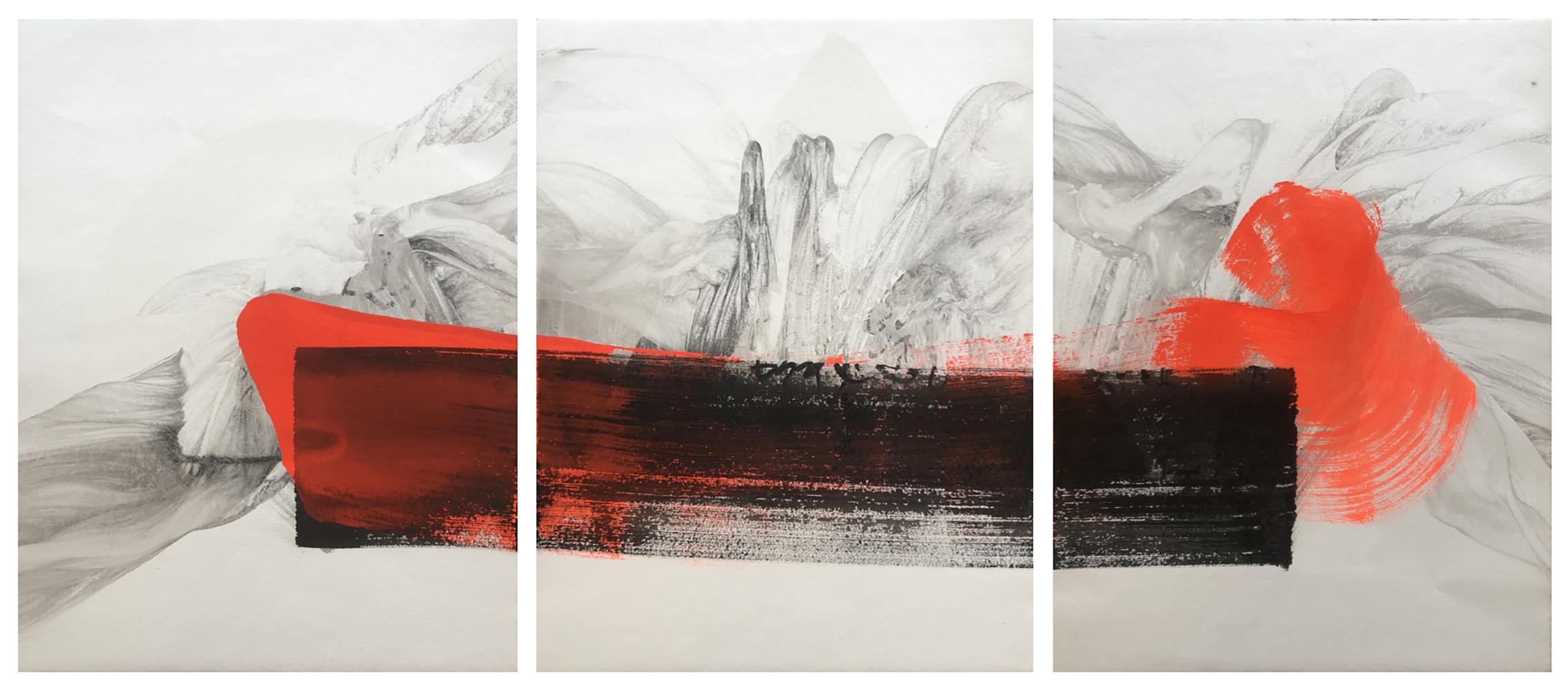Permanescence N405-T, by Japanese contemporary artist Hachiro Kanno. 
Ink and acrylic on paper. This original work is a triptych composed of three paper panels of equal size (65 cm x 50 cm) and is sold unframed.
The painter draws its resources from