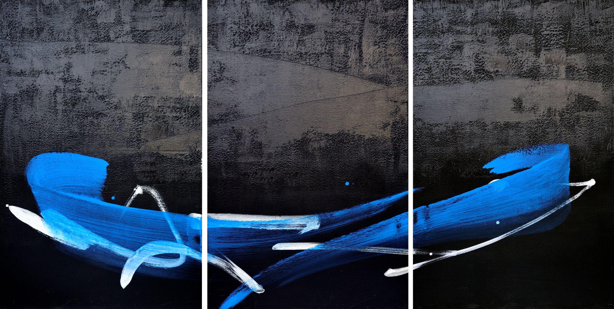 Permanescence TN694-T is a unique triptych painting by Japanese contemporary artist Hachiro Kanno. The painting is made with ink and acrylic on canvas. It is composed by 3 panels, total dimensions are 100 x 195 cm (39.4 × 76.8 in), each panel