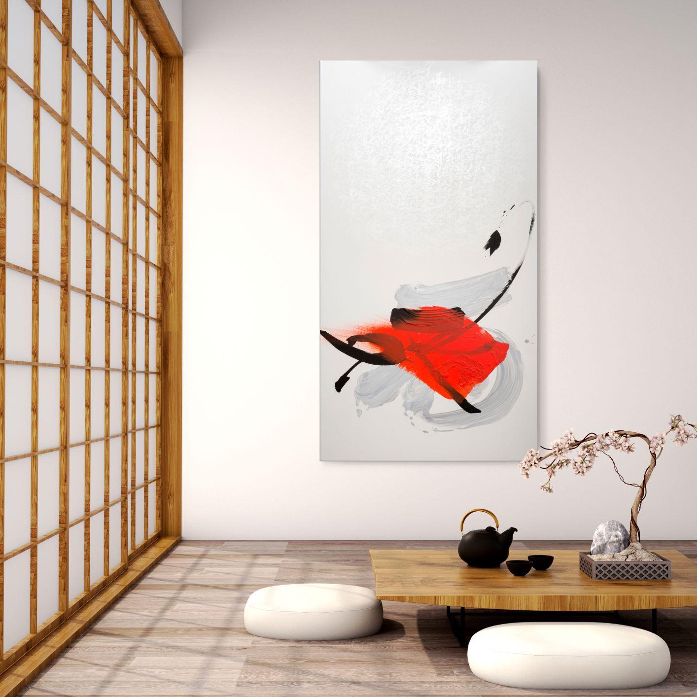 TN 566 de Hachiro Kanno - Peinture abstraite basée sur la calligraphie, rouge, blanc, noir en vente 1