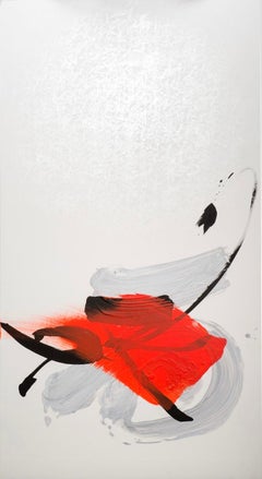 TN 566 von Hachiro Kanno – abstraktes Gemälde auf Kalligraphie basiert, rot, weiß, schwarz