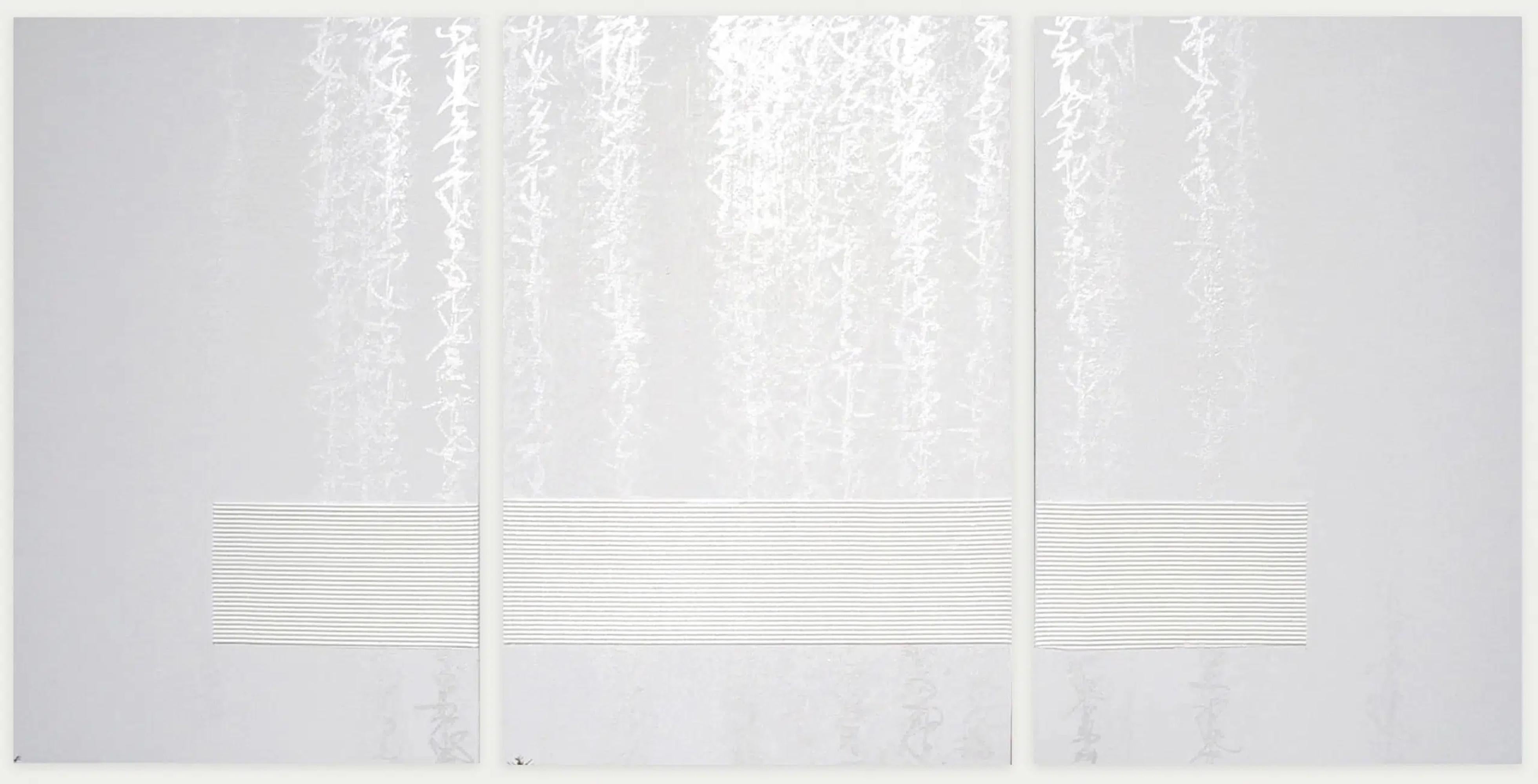 TN509-T by Hachiro Kanno - Calligraphy-based abstract painting, triptych, white