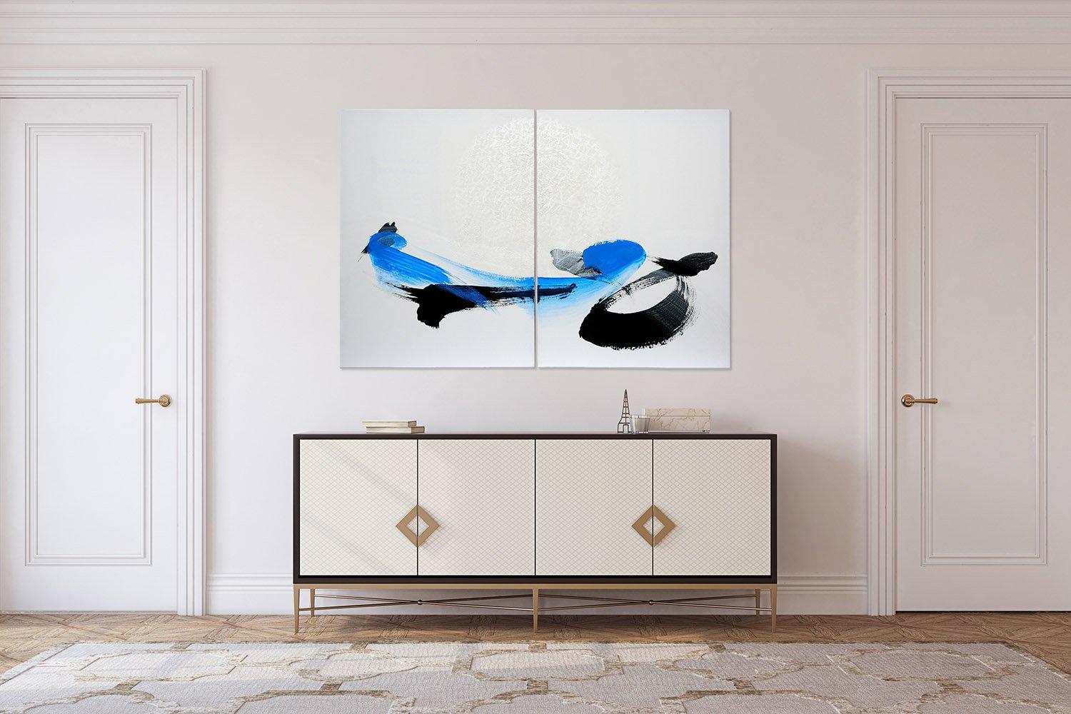 TN600-D by Hachiro Kanno - Calligraphy-based abstract painting, diptych, blue For Sale 1