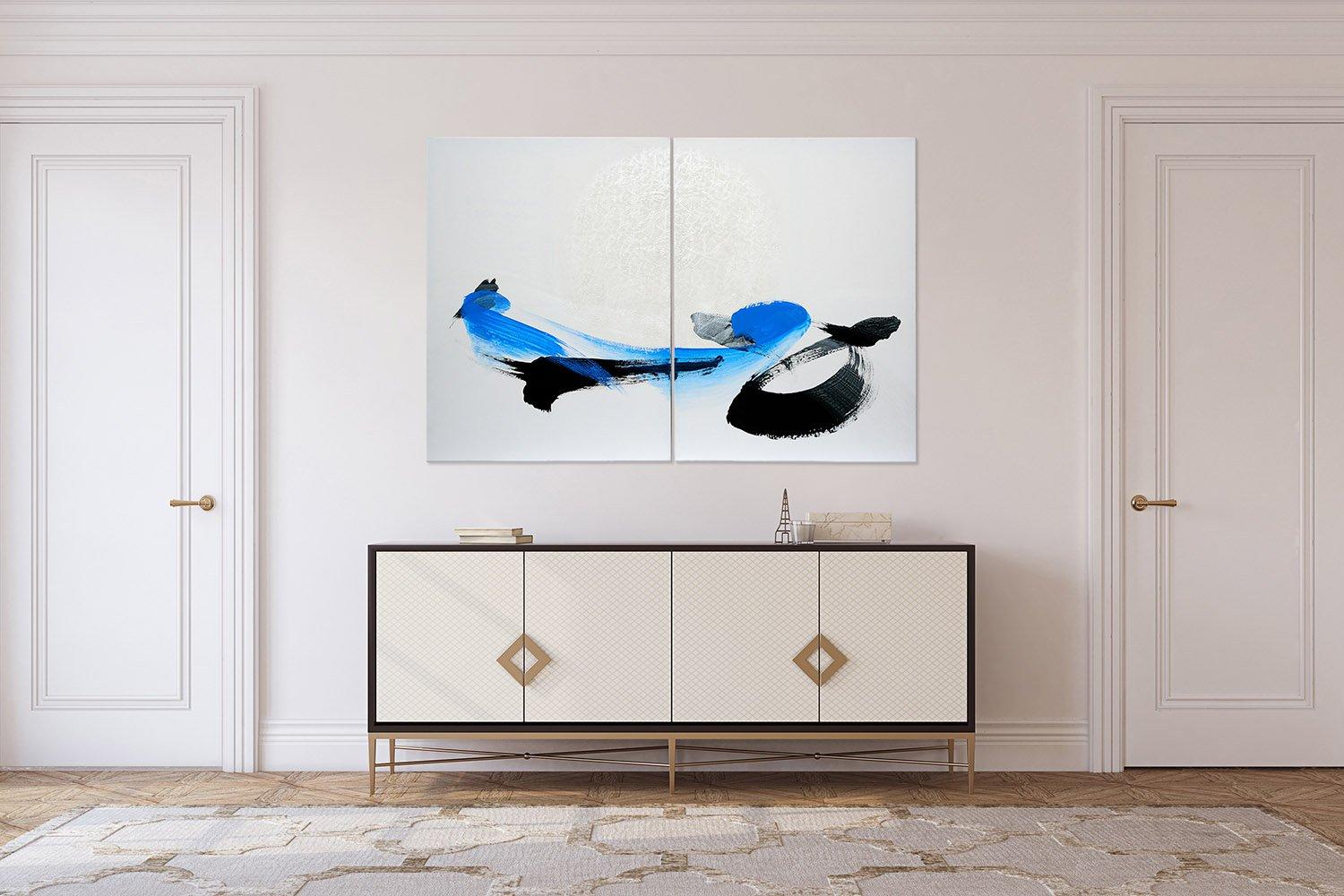 TN600-D di Hachiro Kanno - Pittura astratta basata sulla calligrafia, dittico, blu 1