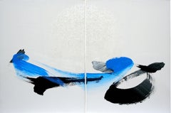Retro TN600-D by Hachiro Kanno - Calligraphy-based abstract painting, diptych, blue