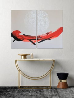 TN666-D by Hachiro Kanno - Calligraphy-based abstract painting, diptych, red