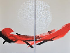 TN666 D by Hachiro Kanno - Calligraphy-based abstract painting, diptych, red