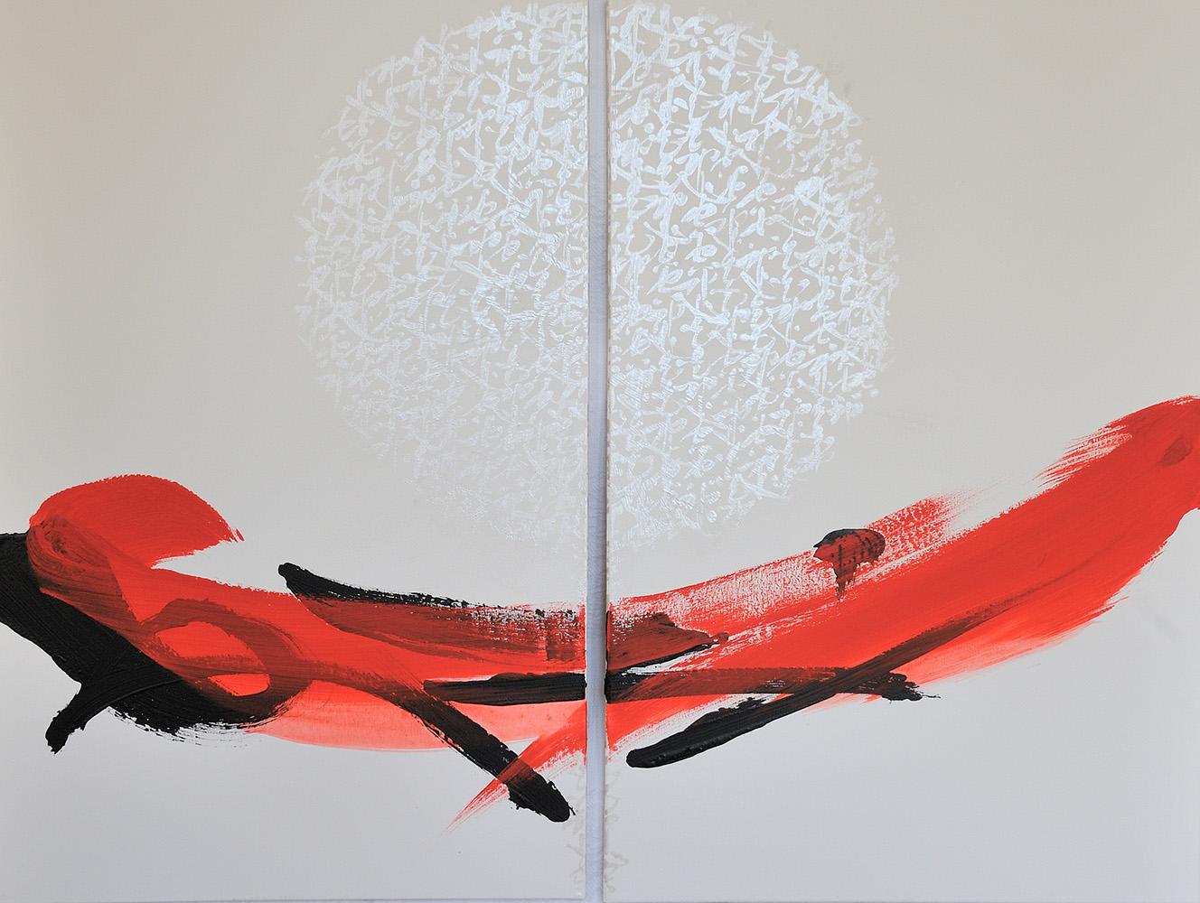 TN666-D is a unique diptych painting by Japanese contemporary artist Hachiro Kanno. The painting is made with ink and acrylic on canvas, dimensions are 100 × 130 cm (39.4 × 51.2 in). This diptych artwork is composed of two paintings each measuring: