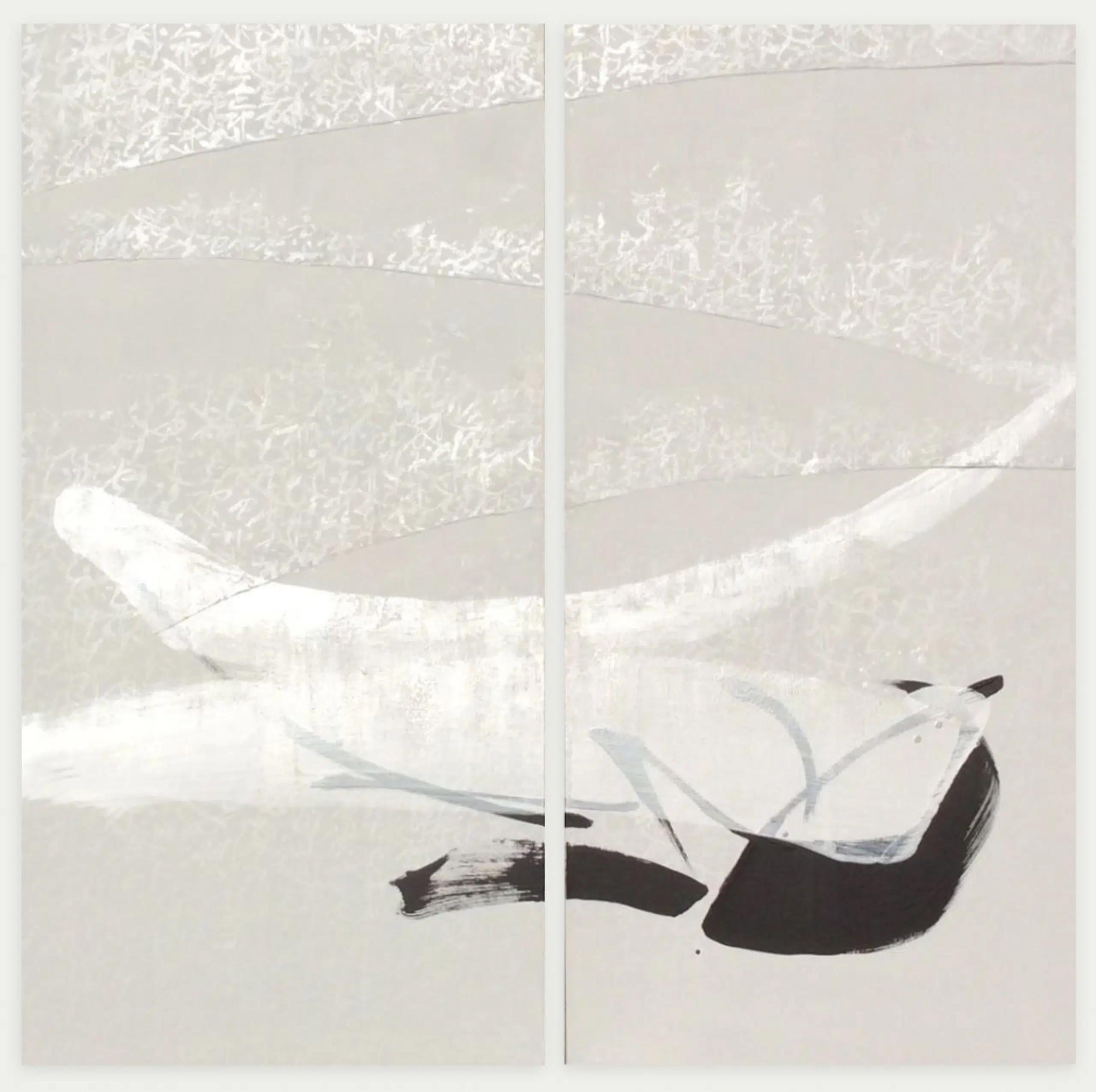 TN680-D ist ein einzigartiges Diptychon-Gemälde des japanischen zeitgenössischen Künstlers Hachiro Kanno. Das Gemälde ist mit Tusche und Acryl auf Leinwand gemalt und hat die Maße 200 × 200 cm (78,7 × 78,7 in). Dieses Diptychon besteht aus zwei