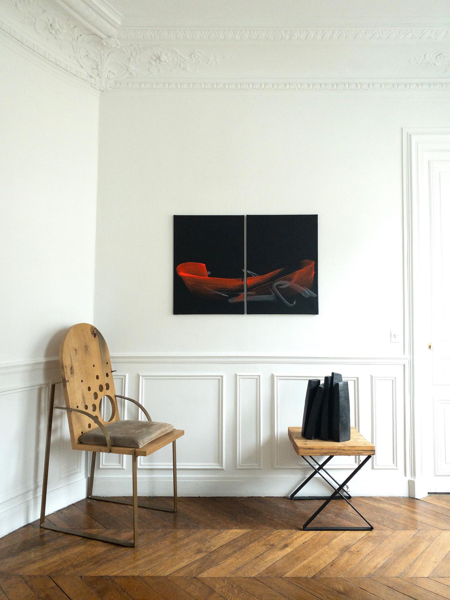 TN696-D by Hachiro Kanno - Calligraphy-based abstract diptych painting, red, ink en venta 1