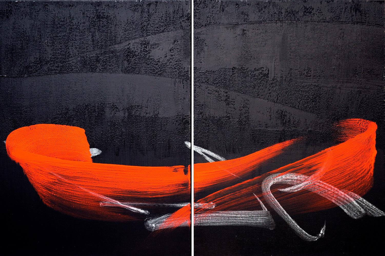 TN696-D is a unique diptych painting by Japanese contemporary artist Hachiro Kanno. The painting is made with ink and acrylic on canvas, dimensions are 70 × 100 cm (27.6 × 39.4 in). This diptych artwork is composed of two paintings each measuring: