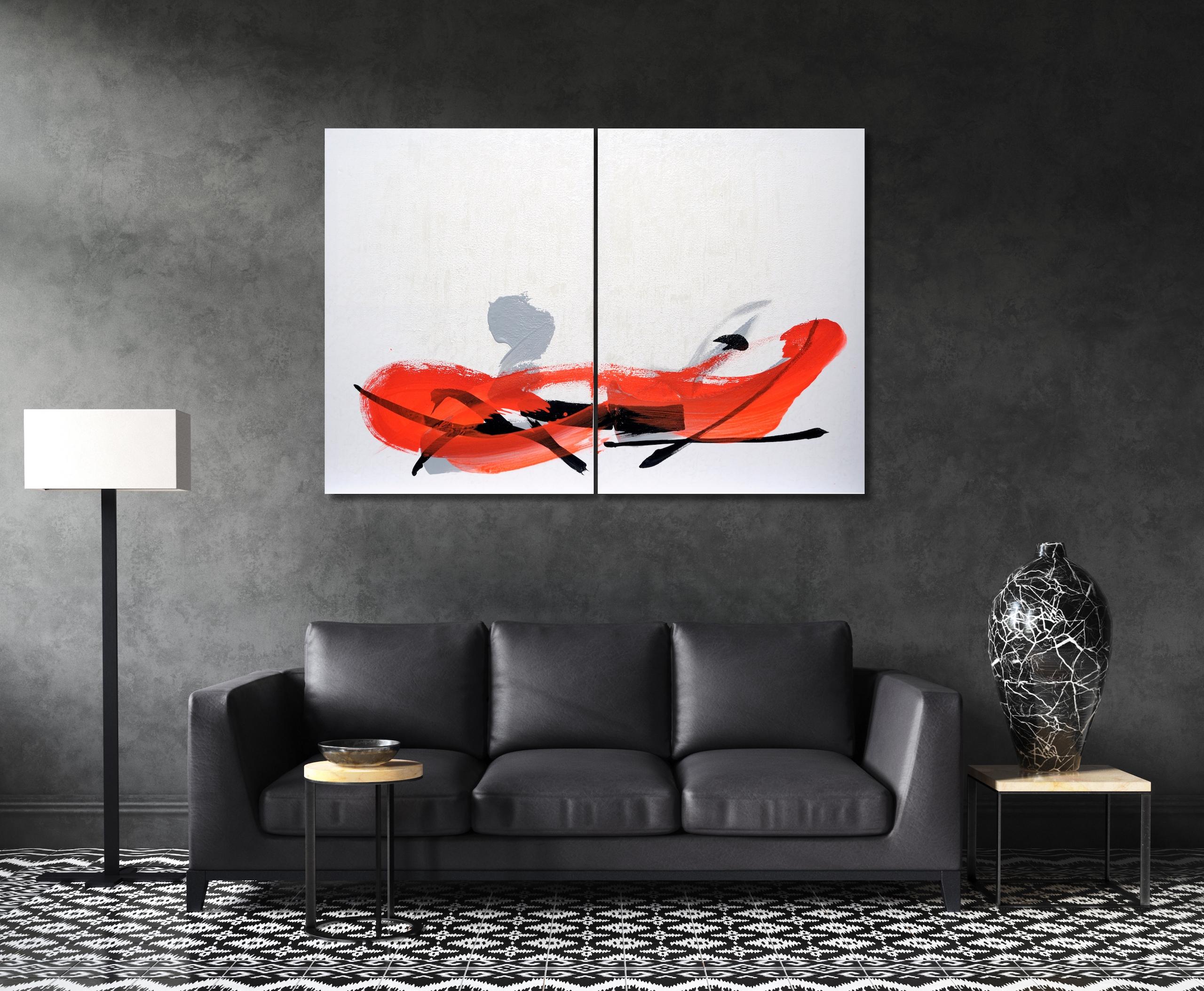 TN719-D von Hachiro Kanno – abstraktes Gemälde auf Kalligraphie basiert, rot und weiß im Angebot 1