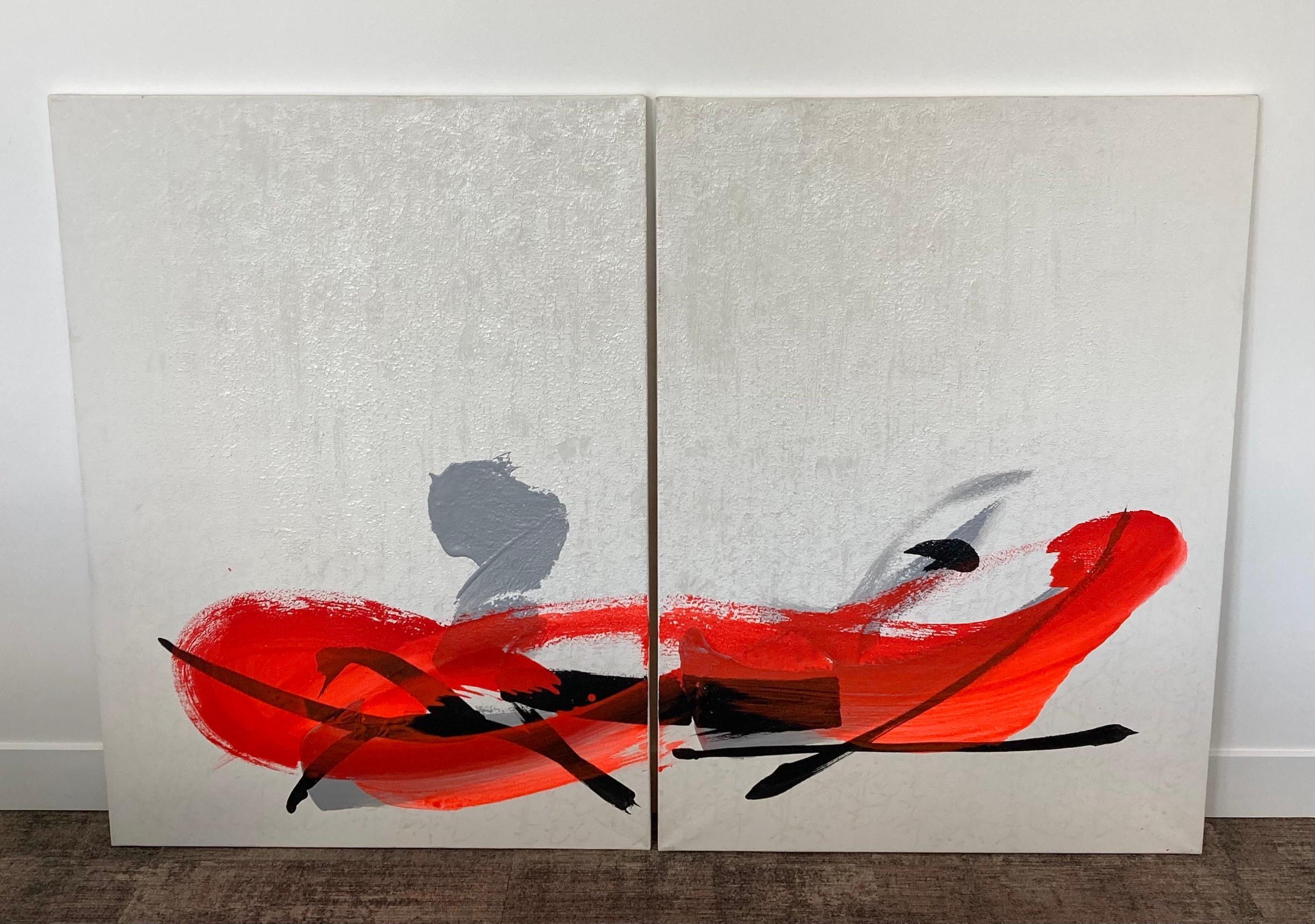 TN719-D von Hachiro Kanno – abstraktes Gemälde auf Kalligraphie basiert, rot und weiß im Angebot 2